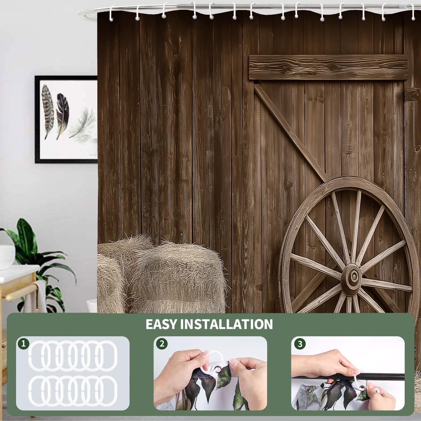 Rideau de Douche Porte En Bois À Roulettes Polyester Anti Moisissure Lavable Imperméable Tissu Rideaux de Douche Crochets en C Bâtiments Agricoles Salle de Bain Domicile Baignoire Cabine,Hôtel Tanné