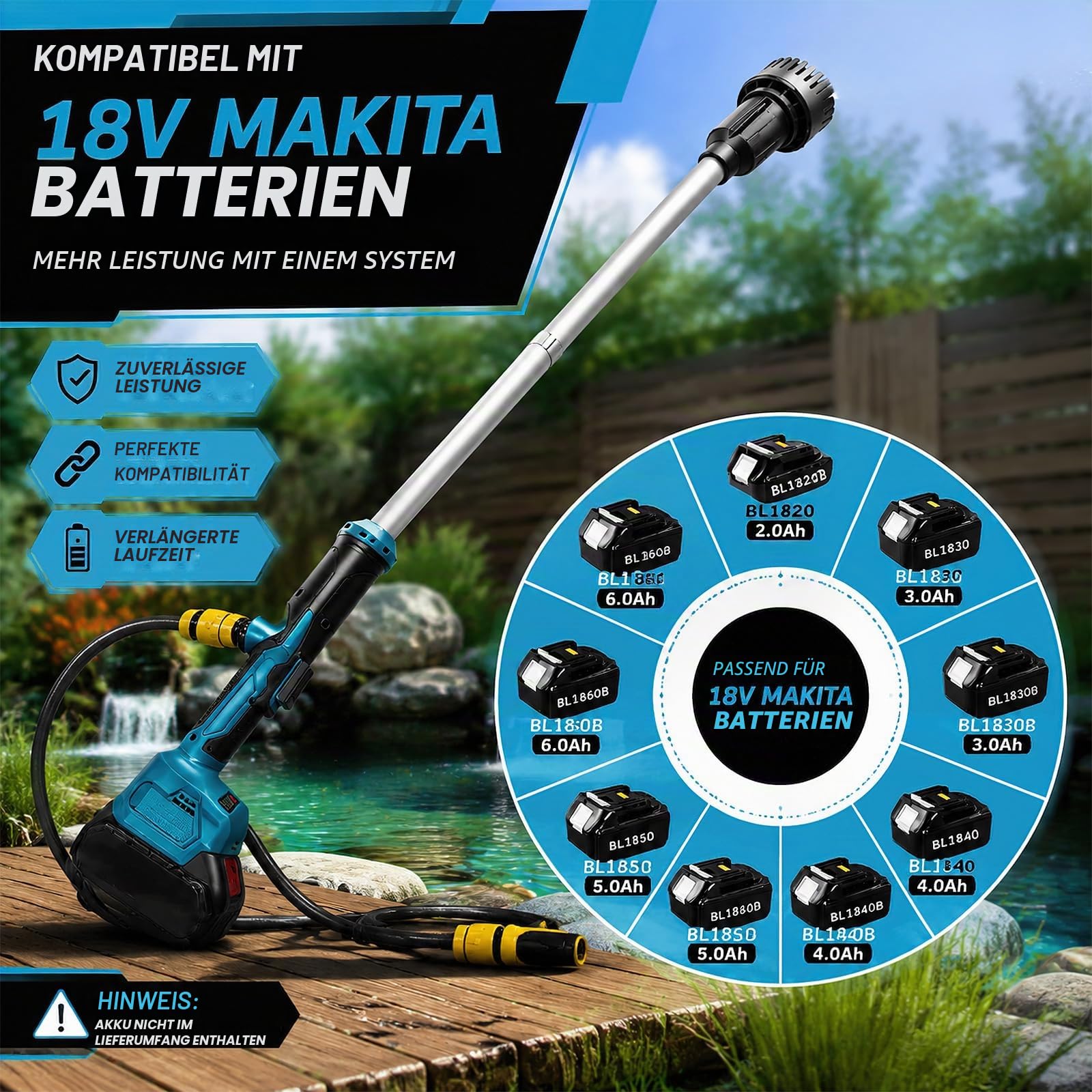 Akku Regenfasspumpe Kompatibel mit Makita 18V, Kabellose Stab-Wassertransferpumpe 3000 L/h, 6m Förderhöhe,Bürstenlos Tragbare Sumpfpumpe Für Pool/Garten/Teich/Wohnmobil/Boot (2 Akku)