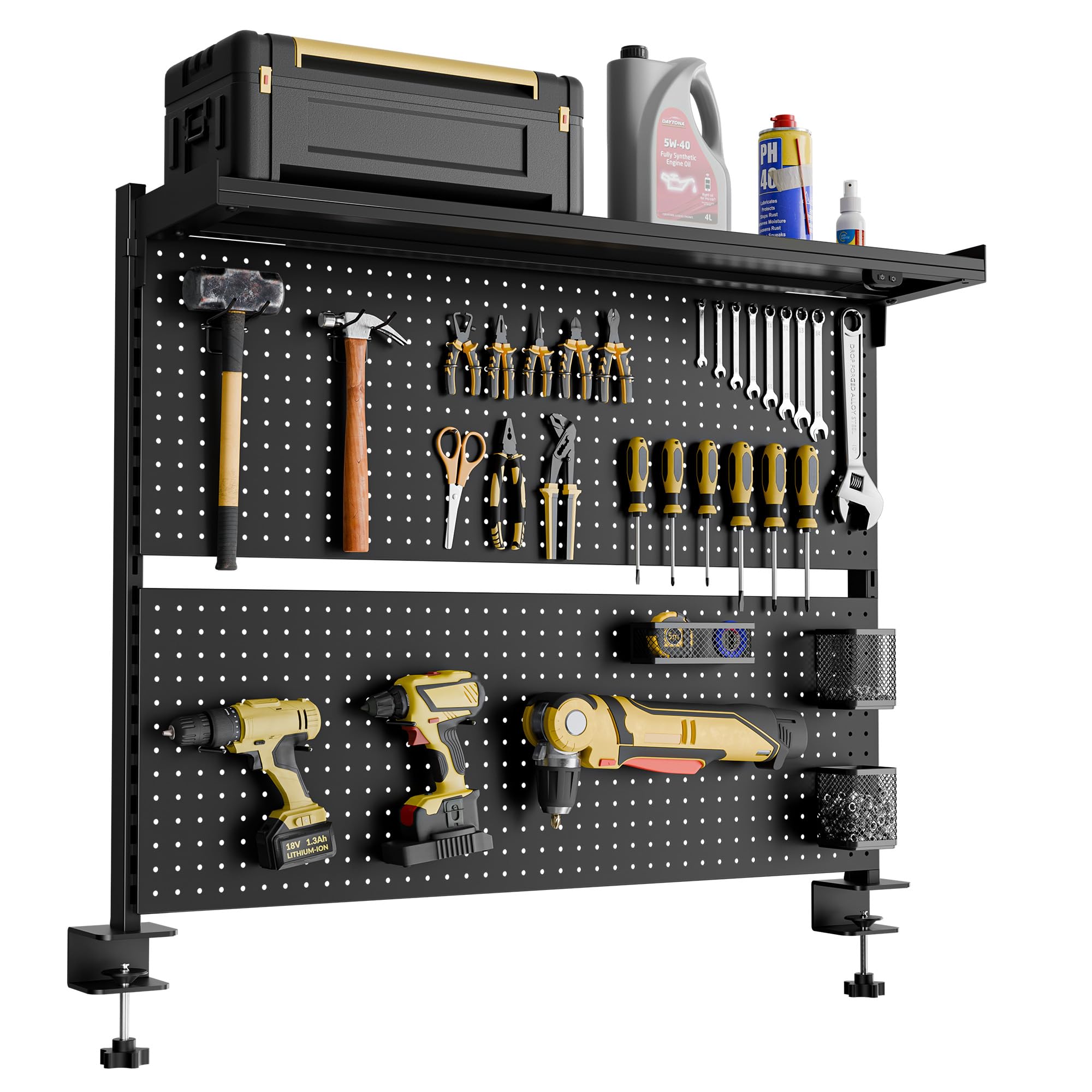 Pegboard Desk Organizer, Gaming Room Accessories, Peg Board for Walls with Dual Monitor Stand and Wall Storage Modular Kit, Black, 110×29×86.8cm