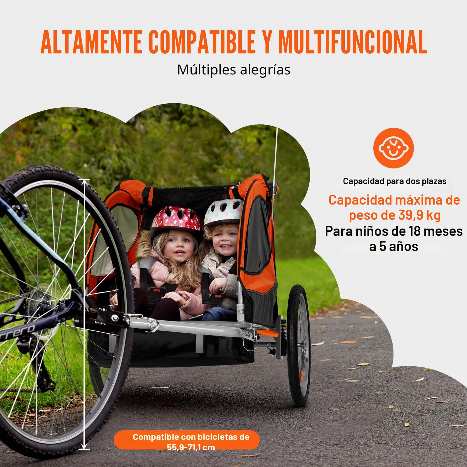 VEVOR Remolque de Bicicleta para Niños Asiento Doble Carga 40 kg Portaequipajes Transformable en Cochecito Remolque de Bicicleta para Niños Plegable con Enganche Universal para Bicicleta, Naranja Gris