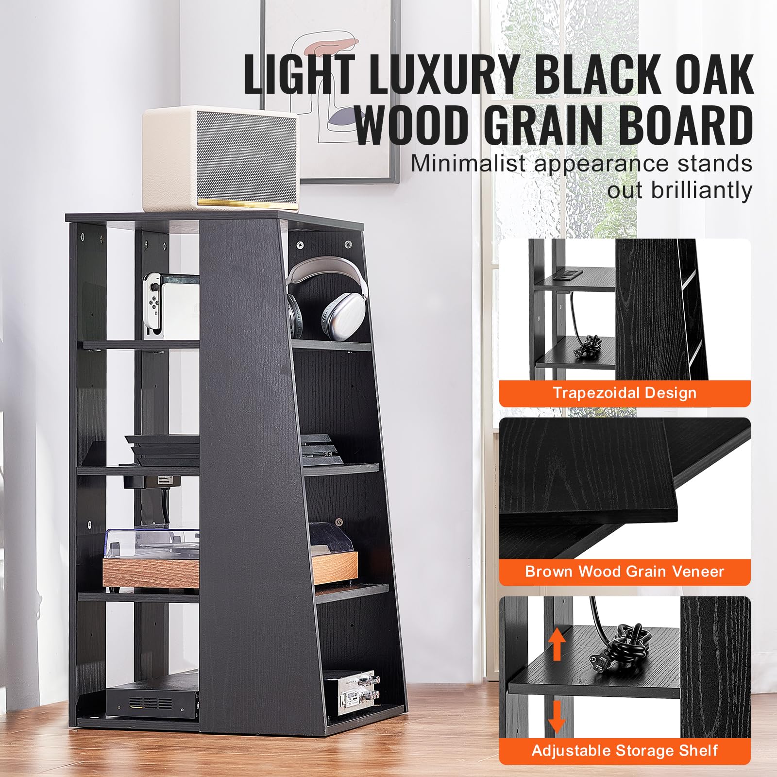 VEVOR Meuble Audio Visuel 5 Niveaux, Étagère Multimédia en Bois, Support Multimédia avec Hauteur Réglable, pour Lecteurs DVD/Décodeurs de Câbles/Consoles de Jeux, Salle d'Enregistrement, Noir