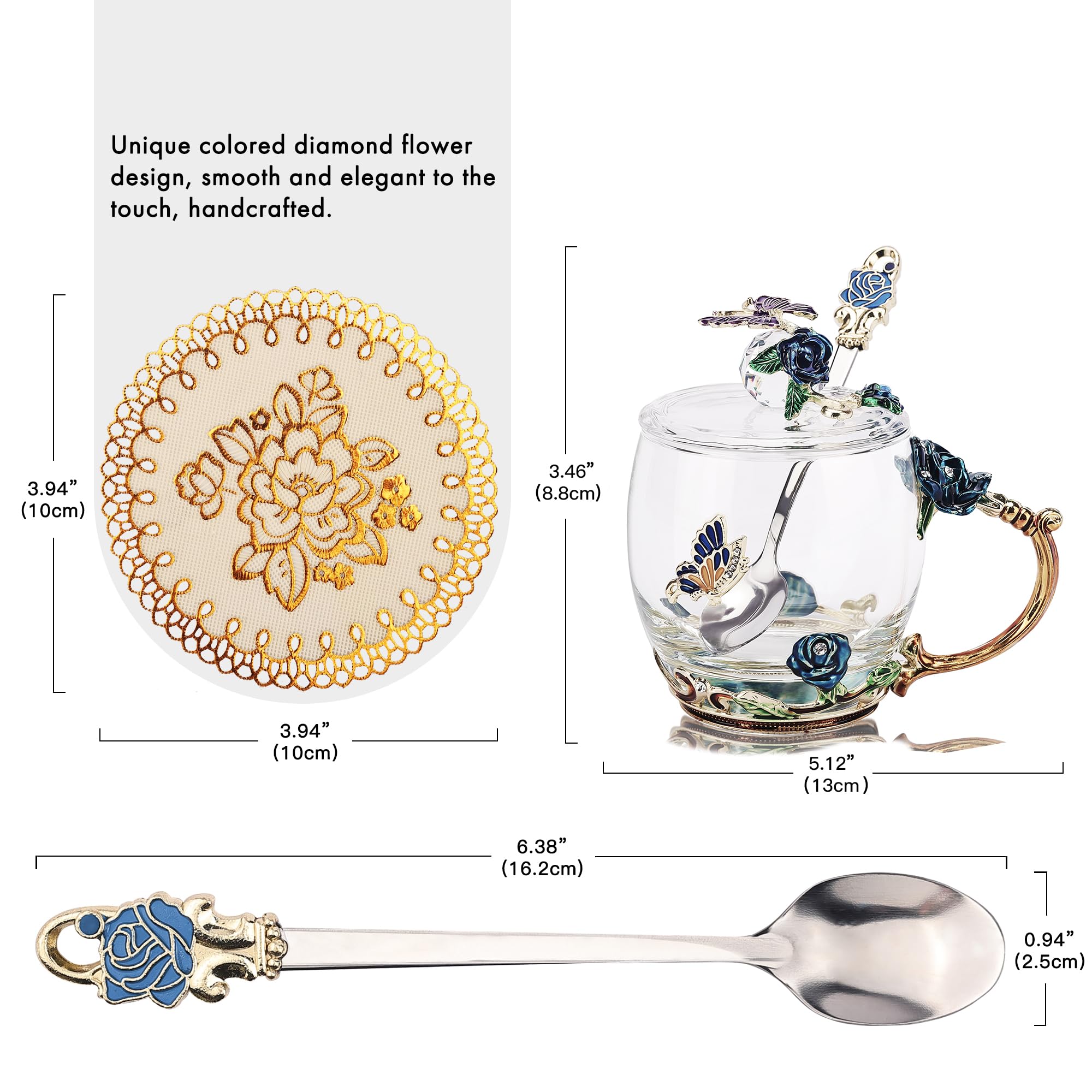 Ensemble de tasses à thé en émail avec cuillère et couvercle, tasse à café en verre, cadeau de fête des mères, mariage, anniversaire, remise de diplôme, Saint-Valentin, Noël pour femme, épouse, amie,