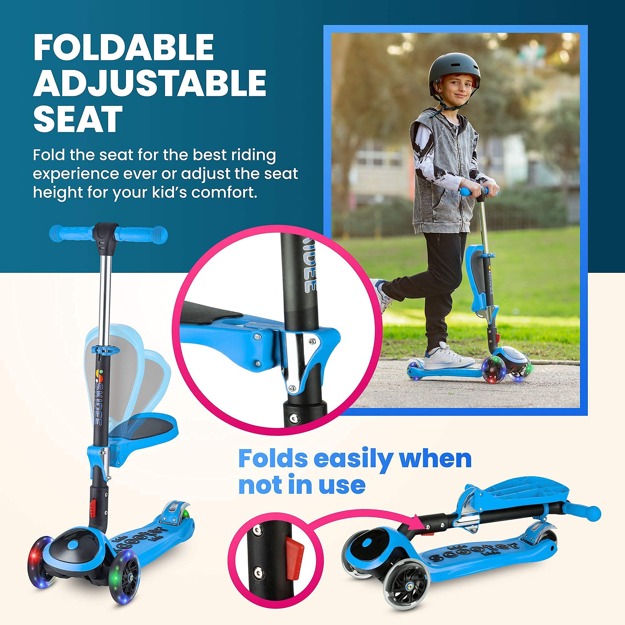 Kick Scooters for Kids Ages 3-5 (Suitable for 2-12 Year Old) Adjustable Height Foldable Scooter Removable Seat, 3 LED Light Wheels, Rear Brake, Wide Standing Board, Outdoor Activities for Boys/Girls