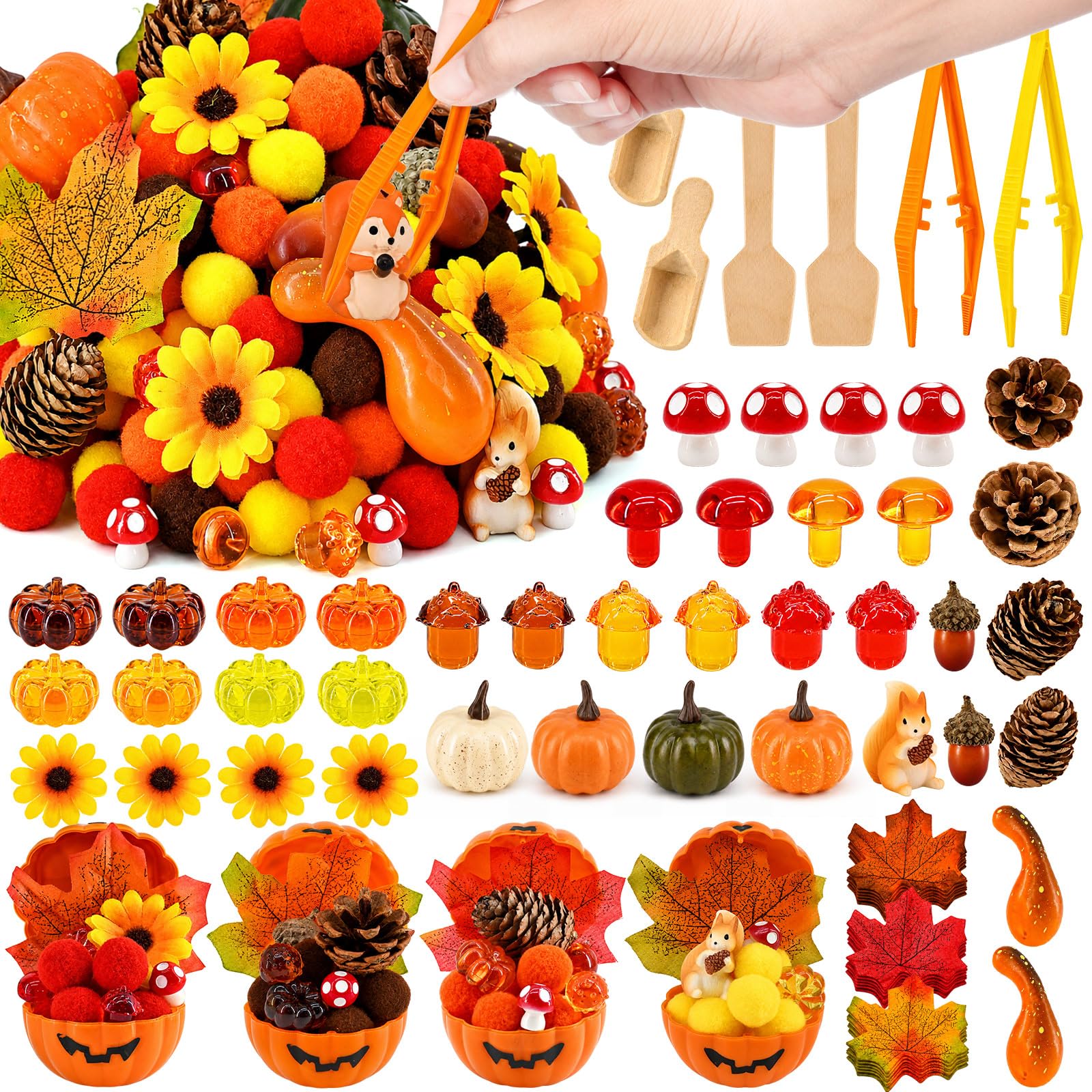 179 Pcs Fall Sensory Bin Items Plastic Pumpkin Bowl Counting Sorting Fall Sensory Bin Filler Fine Motor Pumpkin Maple Leaf Chestnut Counts for Autumn Counting Sorting