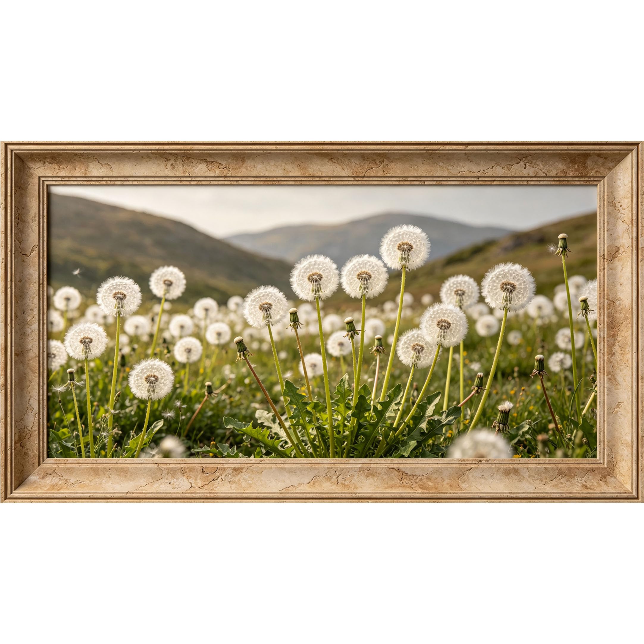 QZLITHOTIC 50×90cm3D Framed Wall Art， Dandelion Flower Field Landscape Nature Aesthetic Self?Adhesive Mural， Water?Activated Peel & Stick Fabric Decor Wall Decal for Bedroom Living Room
