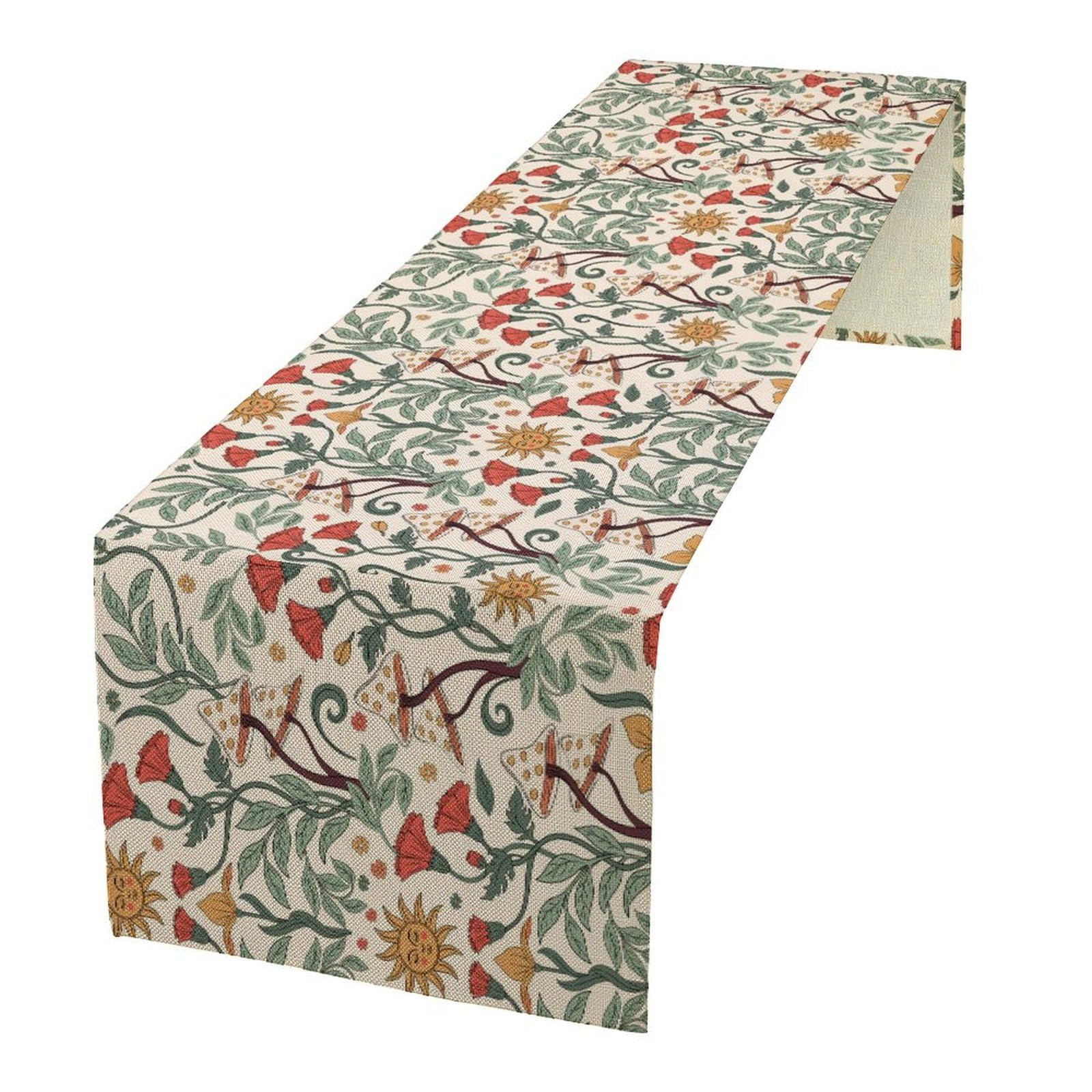 Boho Floral Print Table Runner,Vintage Flowers Sun Mushroom Pattern Design Dinner Table Decoration for Home Living Room Kitchen Dining Room 13x90in