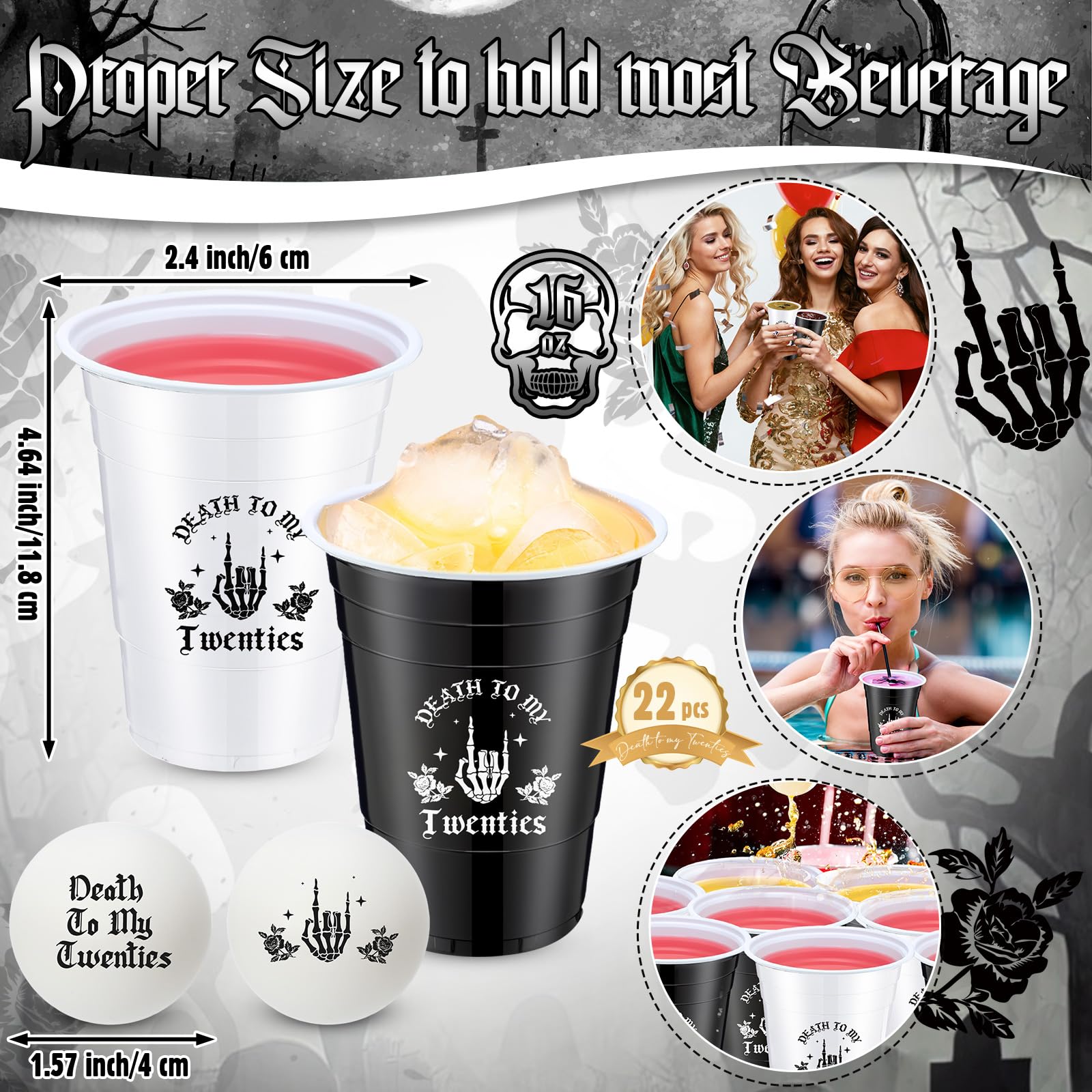 Seenelling 22 Pcs 16 Oz Plastic Cups with 8 Pcs Balls Game Set, Disposable Death to My Twenties Plastic Cups Gothic Theme Balls for Funny 30th Birthday Party Game Supplies
