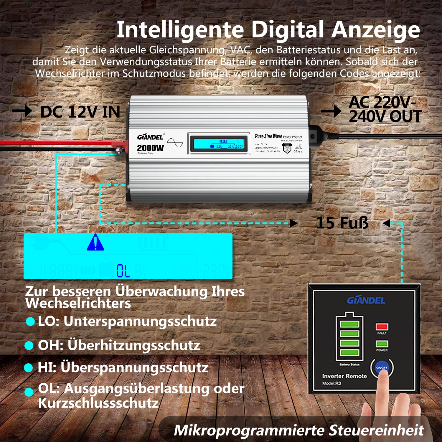 GIANDEL 2000 W czysty falownik sinusoidalny DC 12 V na AC 230 V, kompatybilny z baterią LiFePO4, inwerter mocy z 2 x 2,4 A USB i pilotem zdalnego sterowania i wyświetlaczem LCD do samochodów