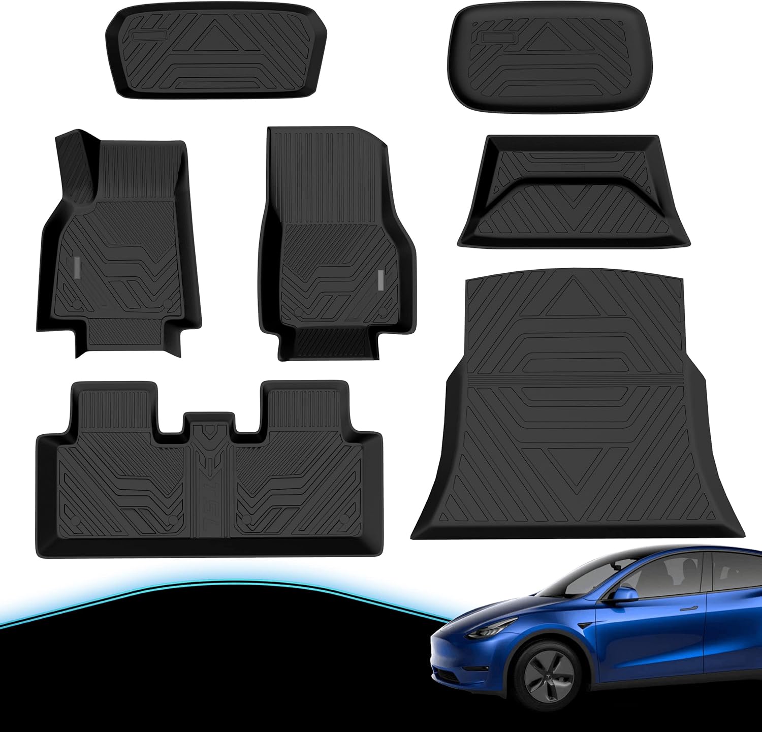 Tesla Model Y Floor Mats, Model Y Floor Mats, 7 Seater, Frunk/Trunk Liner, Cargo Mat, All Weather, Interior Liners, Car Accessories, 2024, 2023, 2022, 2021, 2020, TPE, Full 7 Piece Set, Black