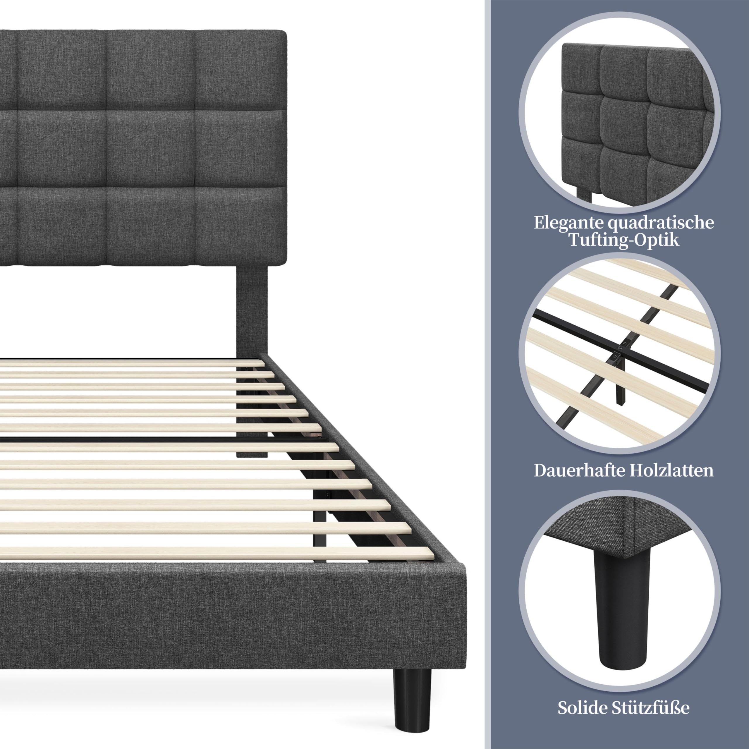 Yaheetech Polsterbett 140 x 200 cm Doppelbett mit Höhenverstellbarem Kopfteil, Stabiler Bettrahmen Stoffbett mit Lattenrost, Gepolstertes Bettgestell Jugendbett, Dunkelgrau