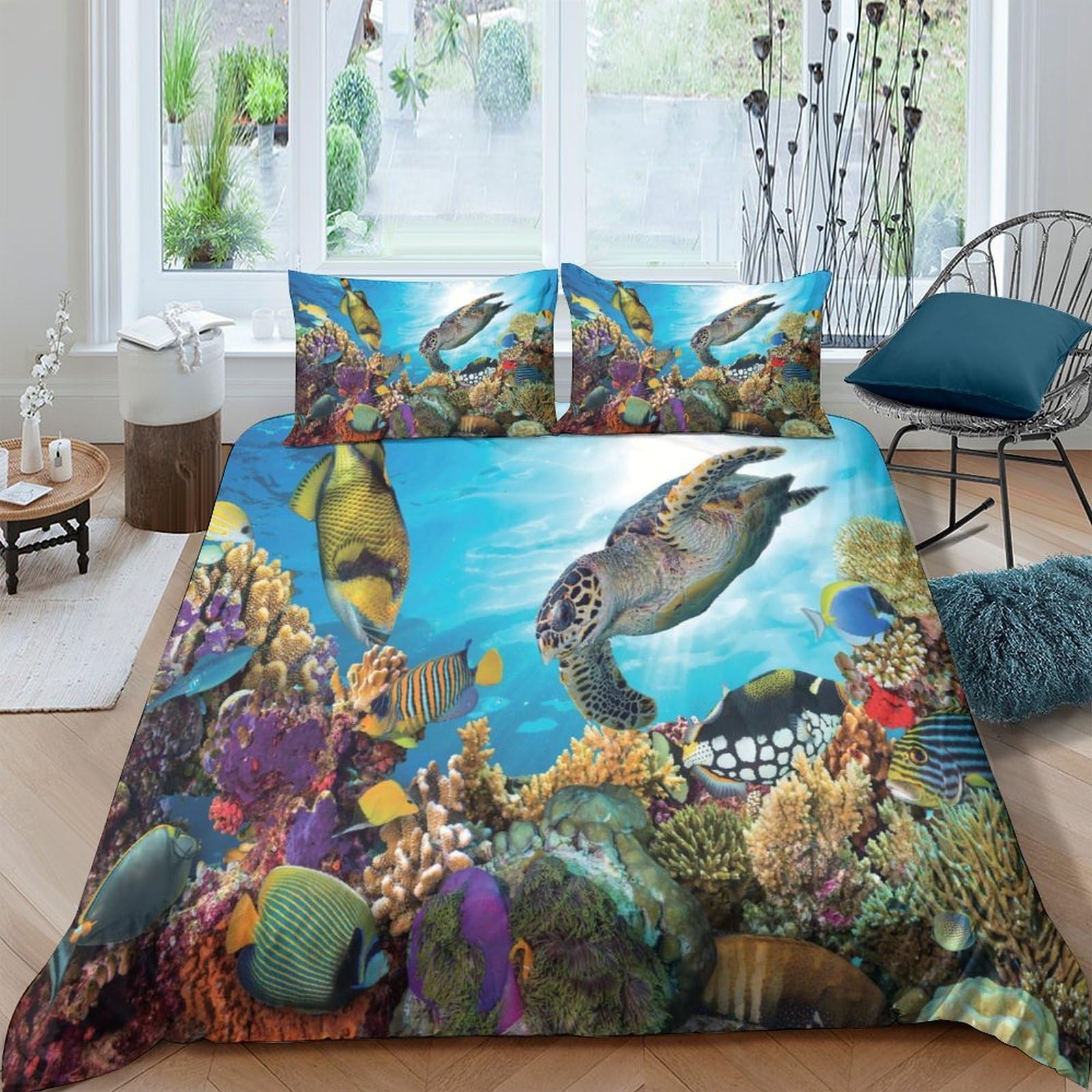 GPLZQXKJNH 3D Printed Ocean Coral Reef Duvet Cover Microfiber Soft Breathable Tropical Fish Bedding Set with 2 Pillowcases for Bedroom Decor, Single（135x200cm）