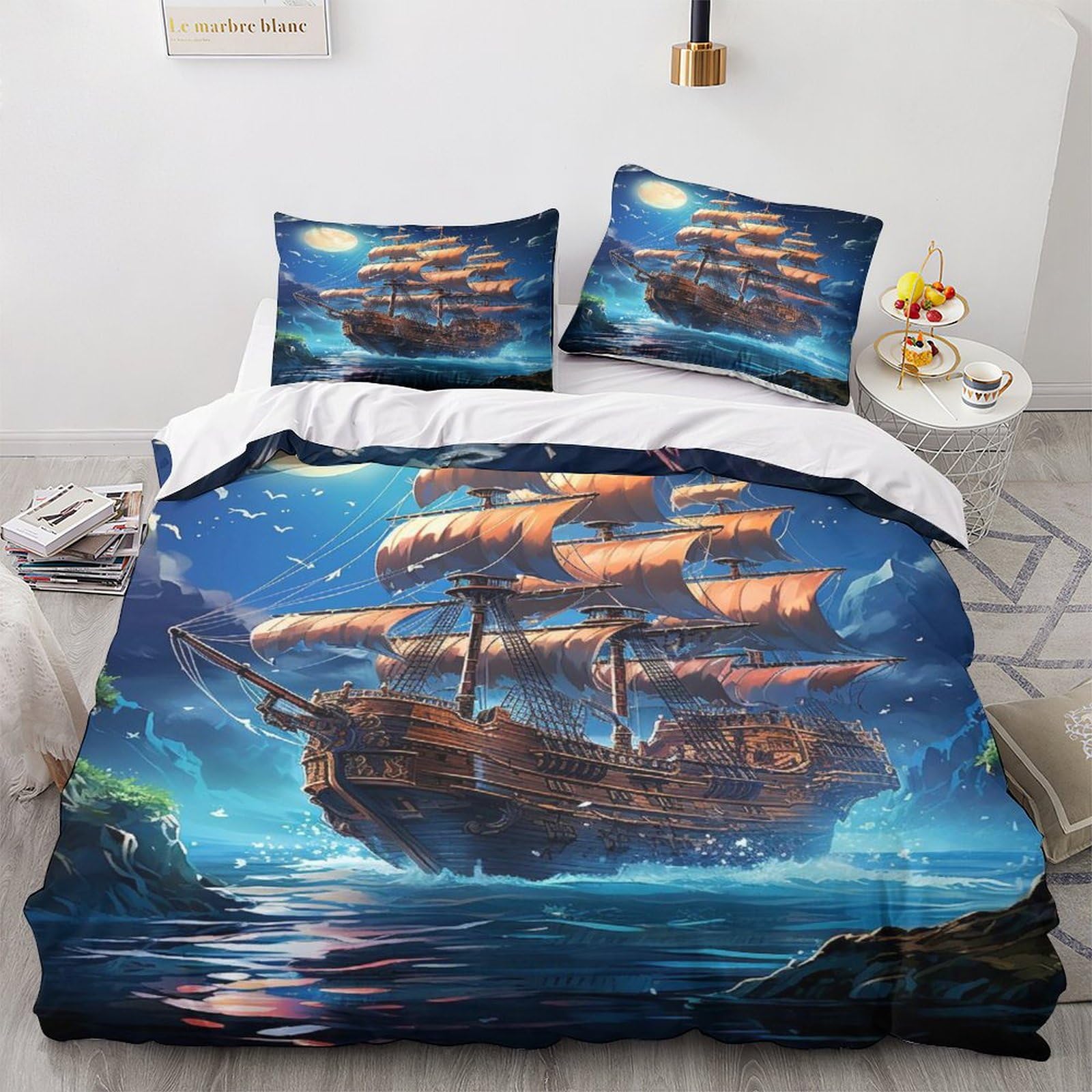 Opsrey Pirate Ship Luxe Comforter Cover Hidden Zipper Duvet Cover Set With Pillowcases Bedding Set Soft Microfiber Boat Quilt Cover Set Various Sizes For Kids Adults Double（200X200cm）