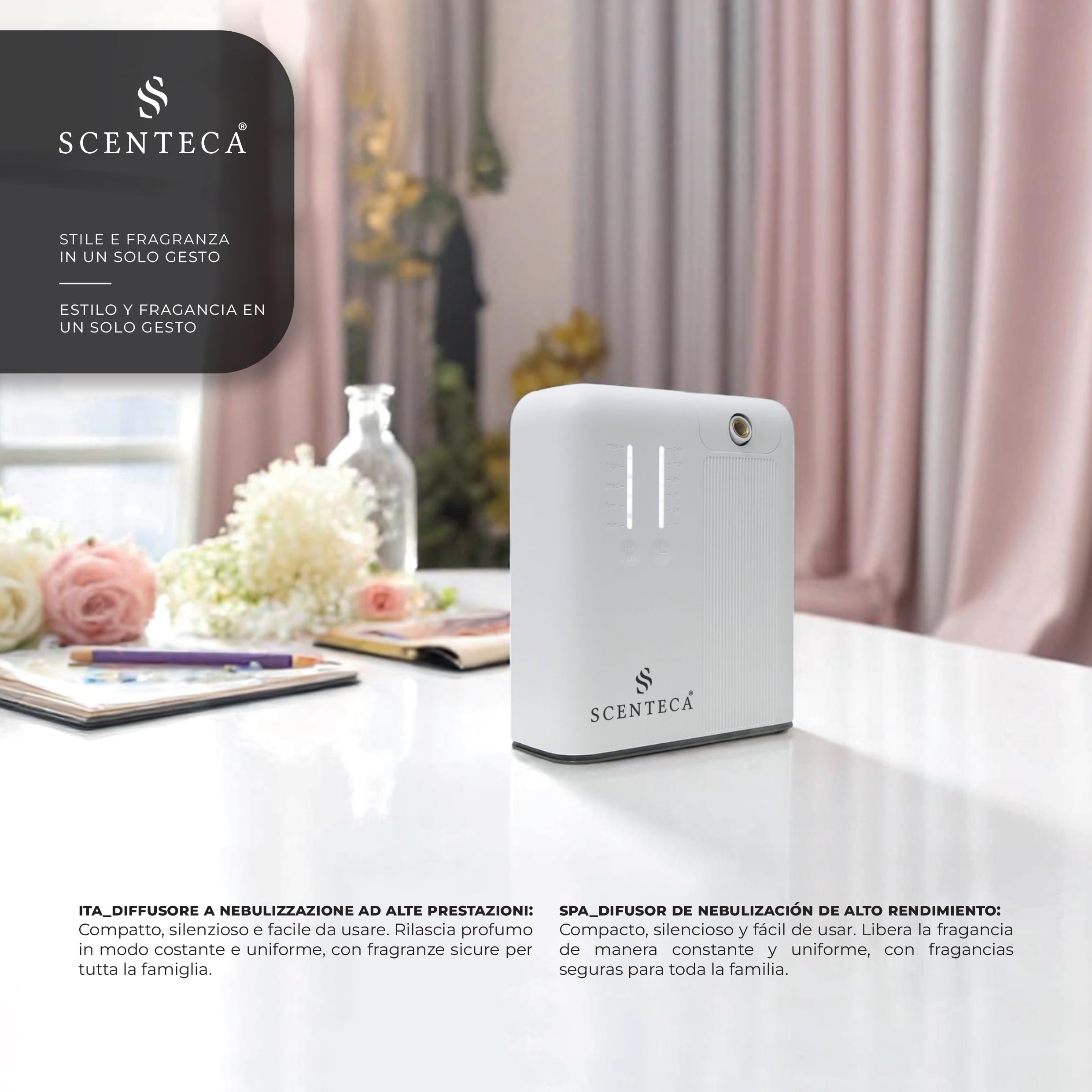 SCENTECA Difusor eléctrico de aceites Esenciales AD-P2 con Fragancia Summer Scent incluida, nebulización sin Agua, programable vía App, Cobertura de hasta 70 m² (100 ml)