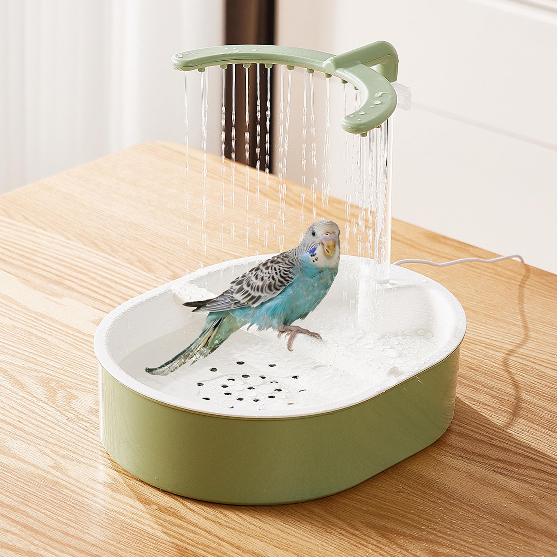 Baño para pájaros para Jaula, Ducha para pájaros con circulación automática 2 en 1, baño para Loros con Controlador de Velocidad Ajustable y Percha de PP.