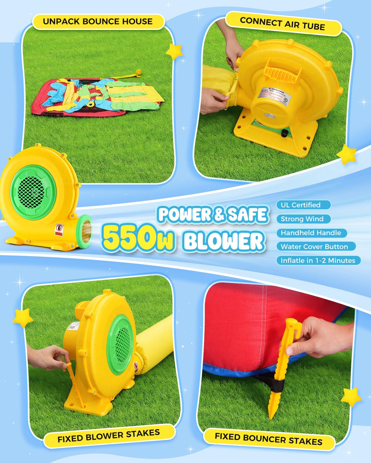 AKEYDIY Château gonflable pour enfants, parcours d’obstacles gonflable de 4,7 x 2,7 m avec zone de saut, doubles toboggans, tunnels, murs d’escalade, paniers de basket, cibles, château gonflable pour