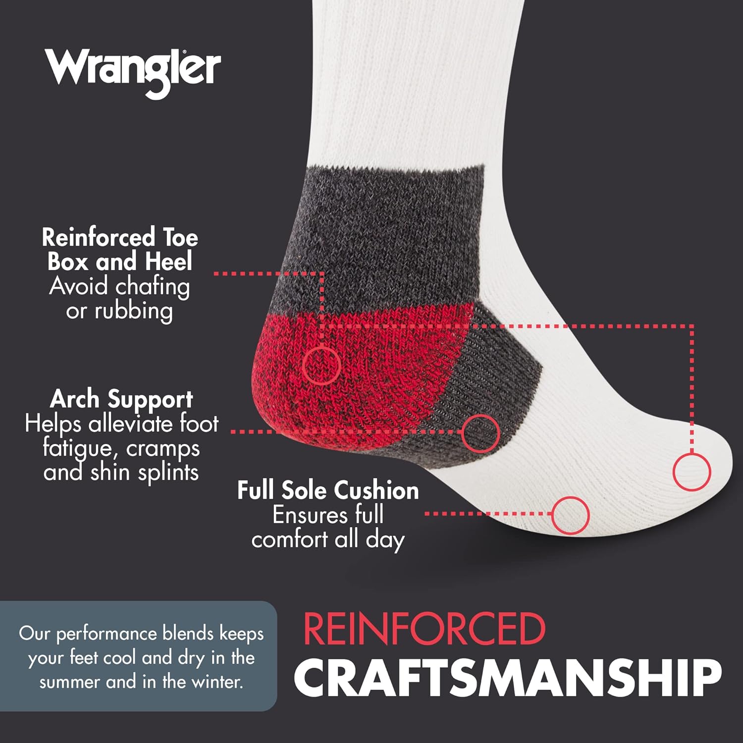 Wrangler Men’s Midweight Outdoor Work Socks, Cushioned, Arch Support, Size 6-12, Recycled Cotton, 3-Pack - Image 4