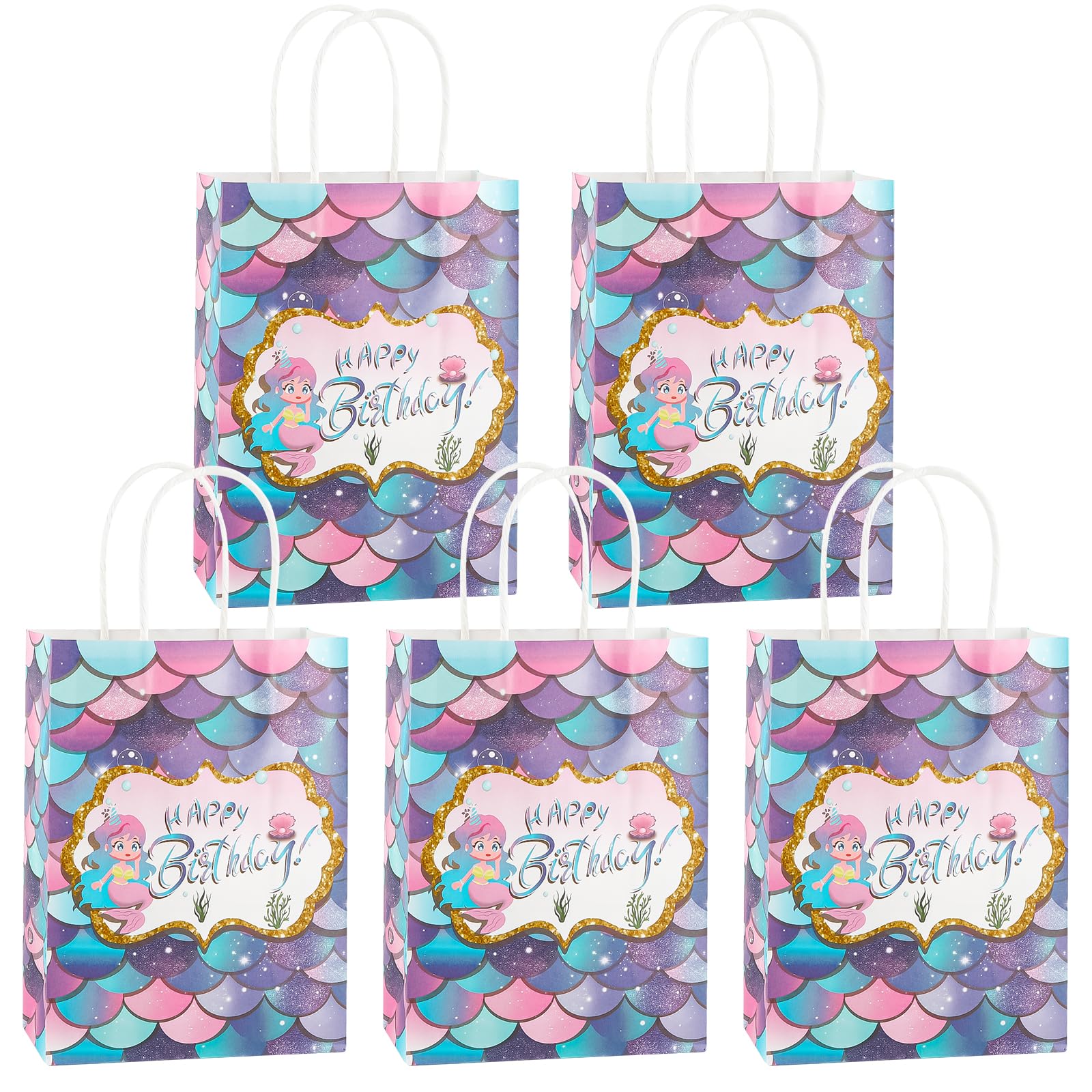 Yiran 12Pcs Mermaid Paper Bags, Happy Birthday Gift Bags with Handles,Paper Party Bags for Girls Kidsβ Mermaid Themed Party Favours, Celebrations, Birthday, Wedding,Baby Shower