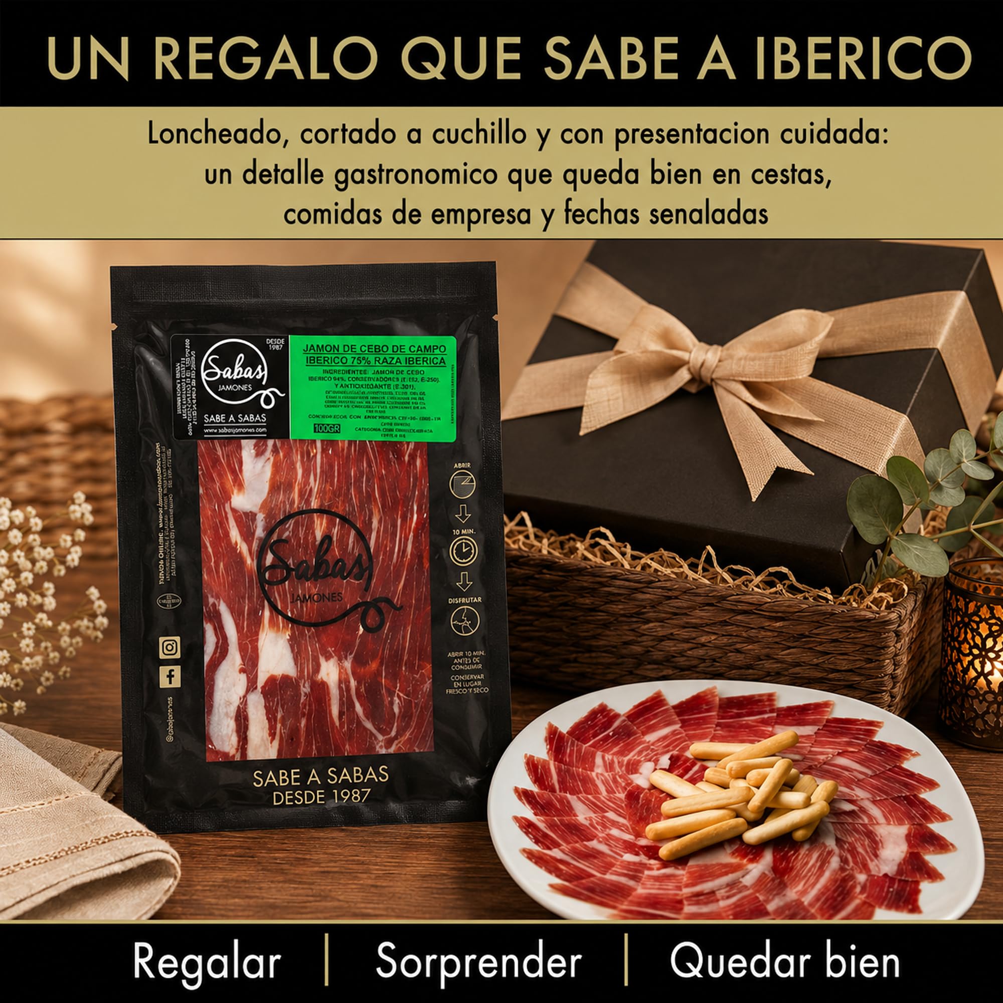 Jamon Iberico Loncheado Cebo de Campo 75% Raza Iberica Cortado a Cuchillo | 5 sobres 100 g envasados al vacio, listos para servir; charcuteria gourmet para tabla, aperitivo, cesta y regalo