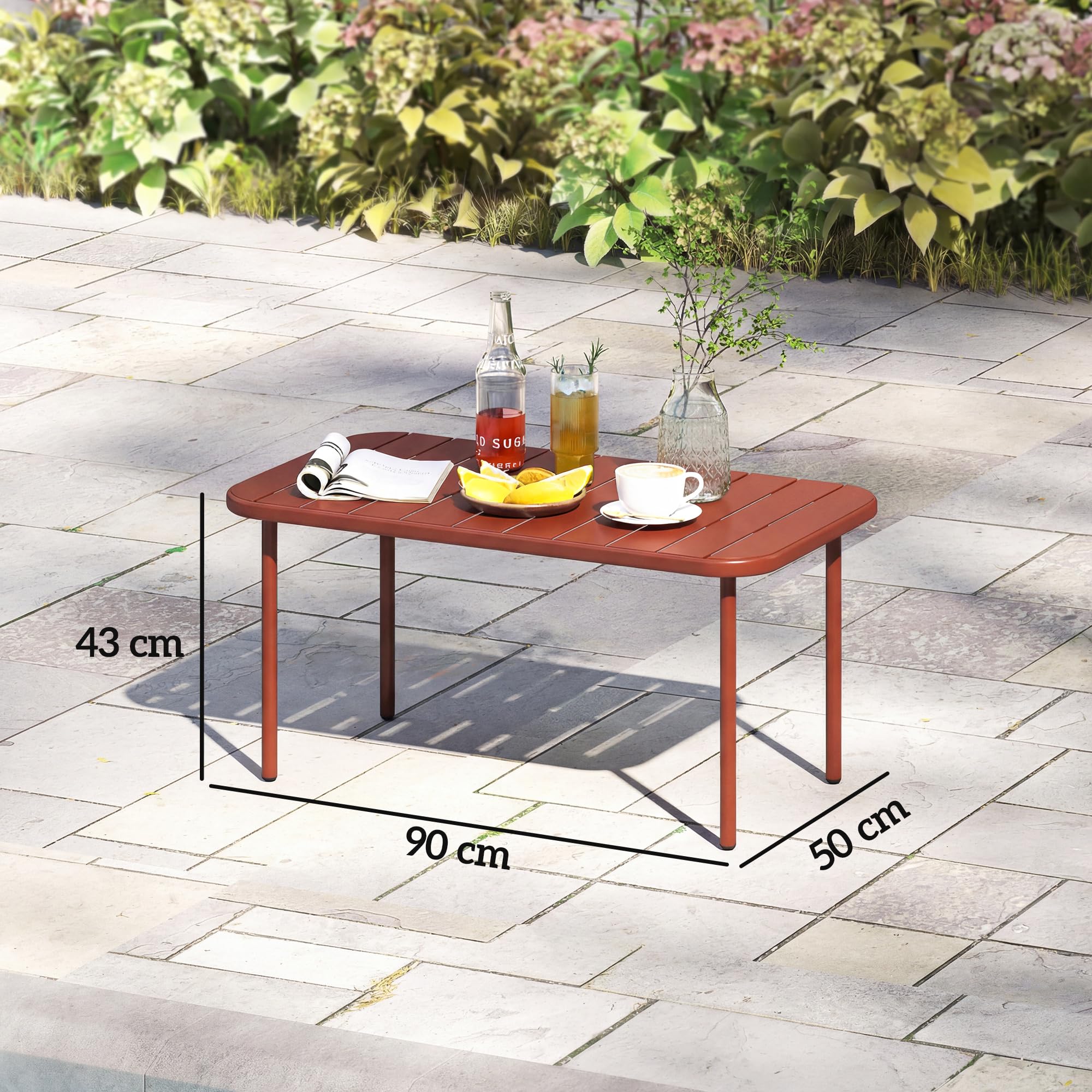 Outsunny - Mesa de centro de jardín de acero galvanizado con bandeja de láminas, mesa auxiliar de patio rectangular con esquinas redondeadas, para exterior, terraza y balcón, 90 x 50 x 43 cm, color