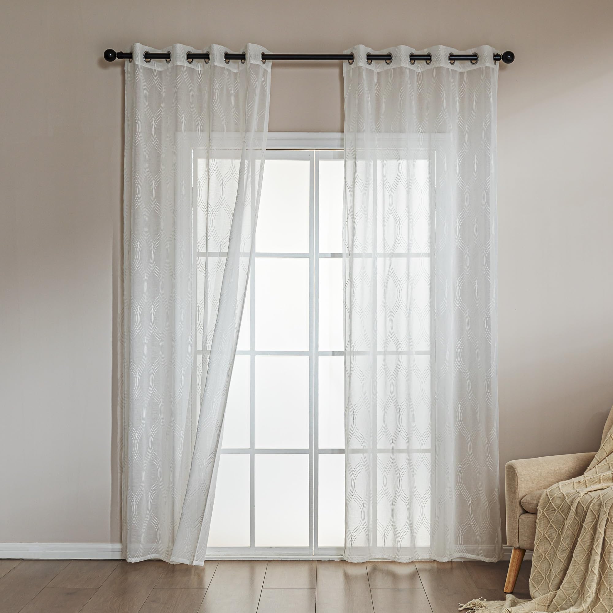 amazon basics 2-piece embroidery sheer curtain set, light filtering hollow drapes for living room and bedroom, 52" w × 95" l, white classic waves