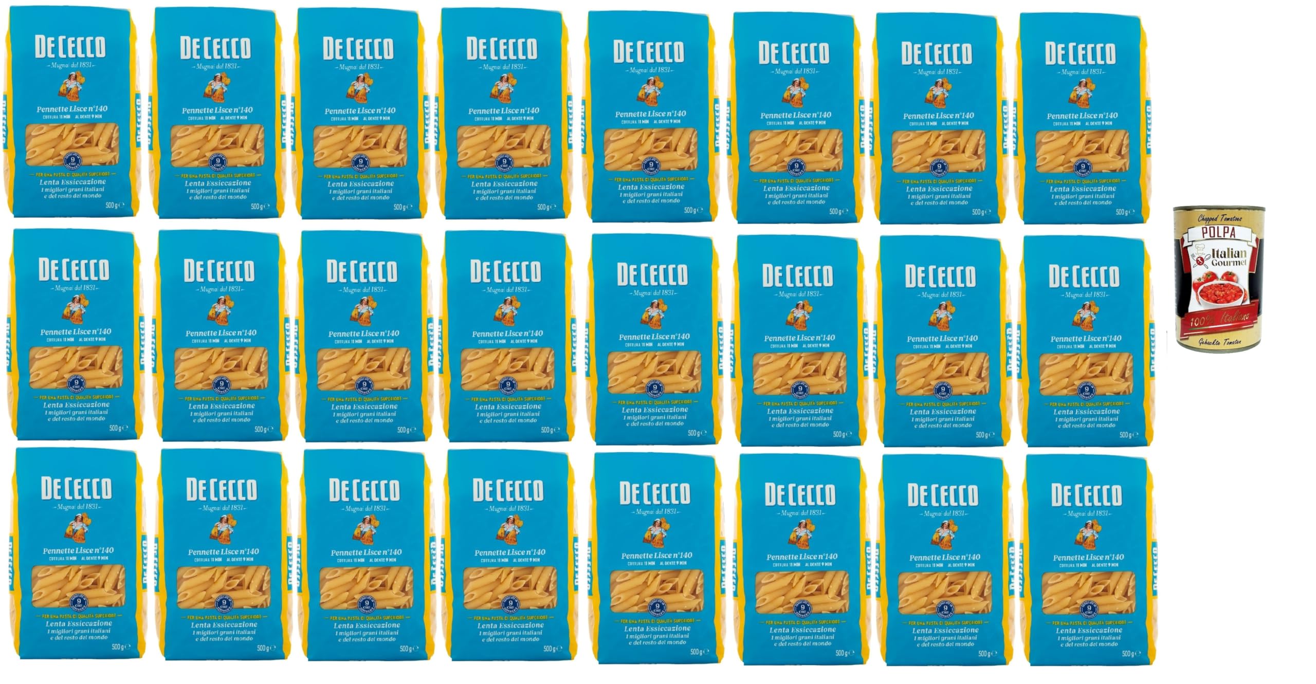 De Cecco Pennette Lisce n°140 - Pasta 24 x 500 g | Secado lento | Sémola de trigo duro de alta calidad | Horneado 11 min (al diente 9) | Ideal salsas de tomate & pesto + Italian Gourmet polpa 400 g