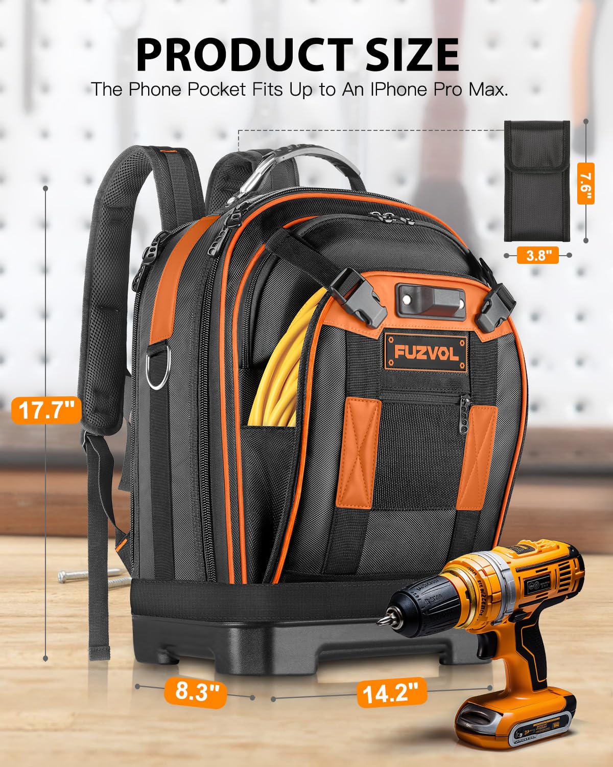Sac à dos à outils robuste pour homme avec organiseur d'outils amovible et compartiment pour ordinateur portable - Orange