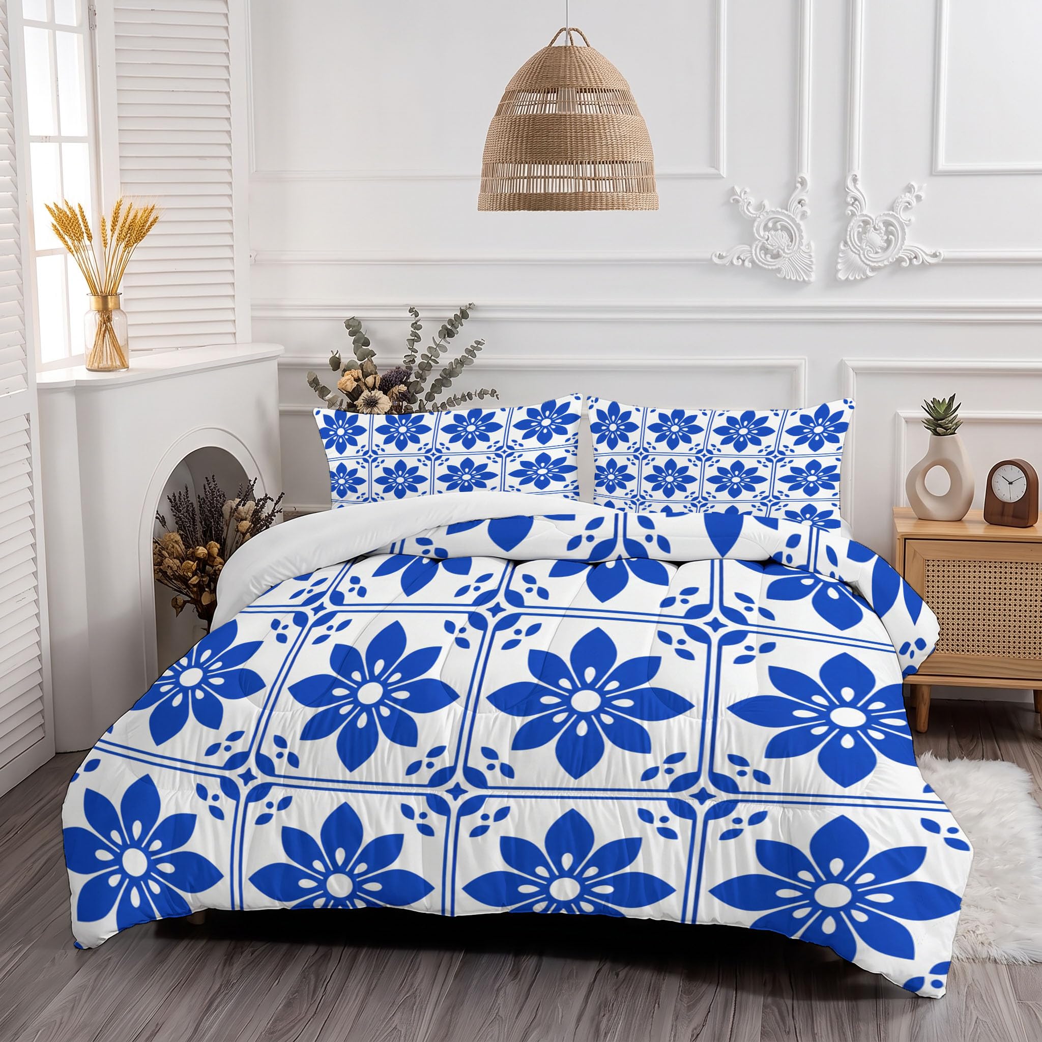 Trapunta Piastrelle Floreali In Stile Retrò, Piumino Matrimoniale 4 Stagioni | 240X220 Cm Con Federa 50X80, Piumone Leggero In Microfibra, Trapunta Reversibile Geometria Delle Piante Tribali, Indaco
