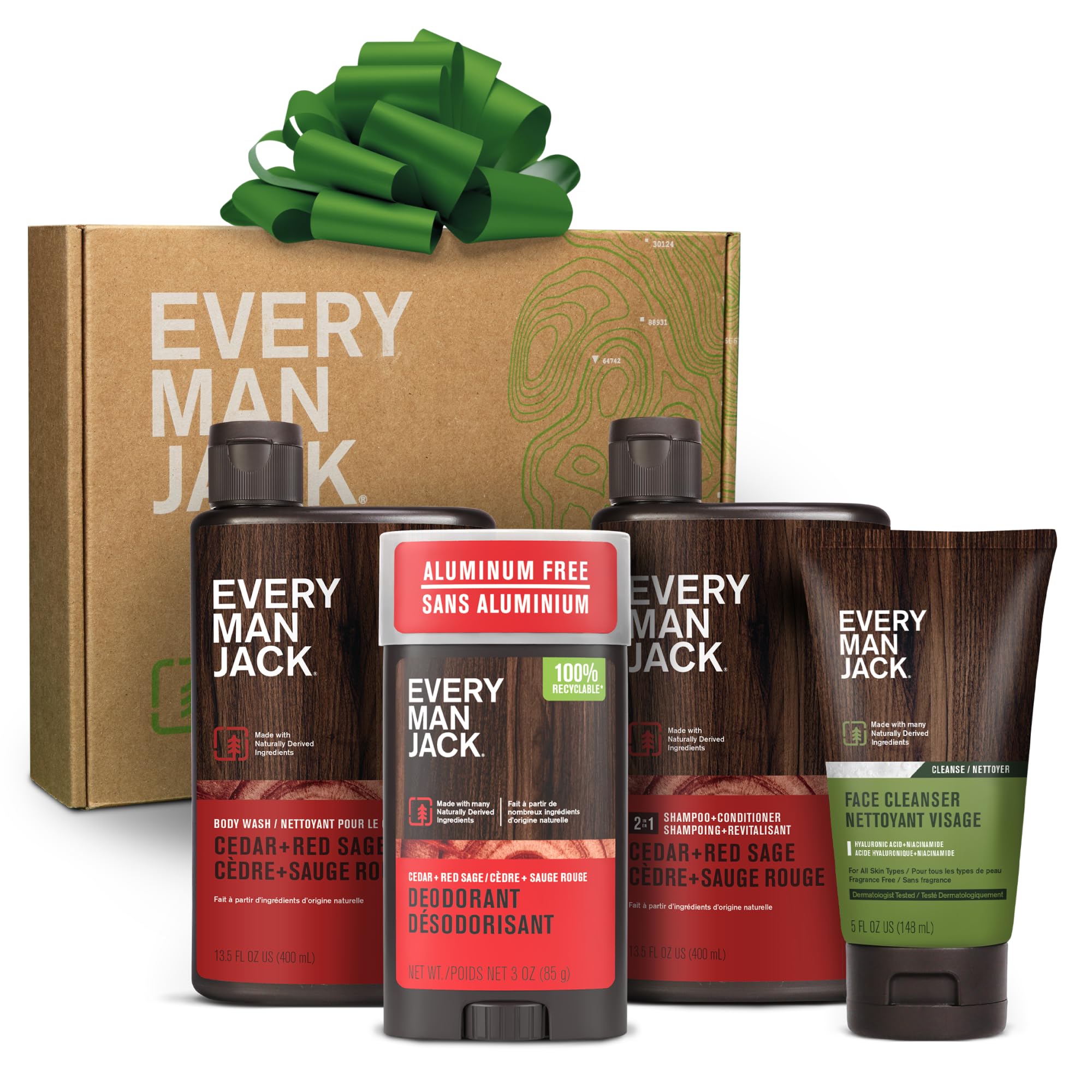 Every Man JackMen's Bath and Body Gift Set - Cedar & Red Sage Scent - Clean Ingredients - Includes Hydrating Body Wash, 2-in-1 Shampoo, Aluminum-free Deodorant & Face Wash