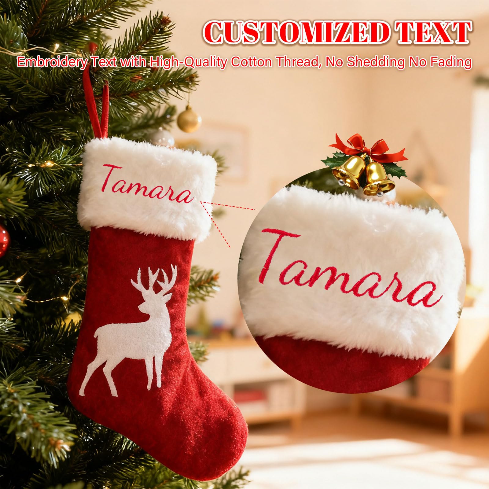 Generisch 4 PCS Personalisiert Weihnachtsstrumpf, Namensstickerei, 44 cm | Roter Samtstoff Nikolausstrumpf mit Weihnachtsmann, Schneemann & Pinguin, Familien-Weihnachtsdeko, 17 Zoll