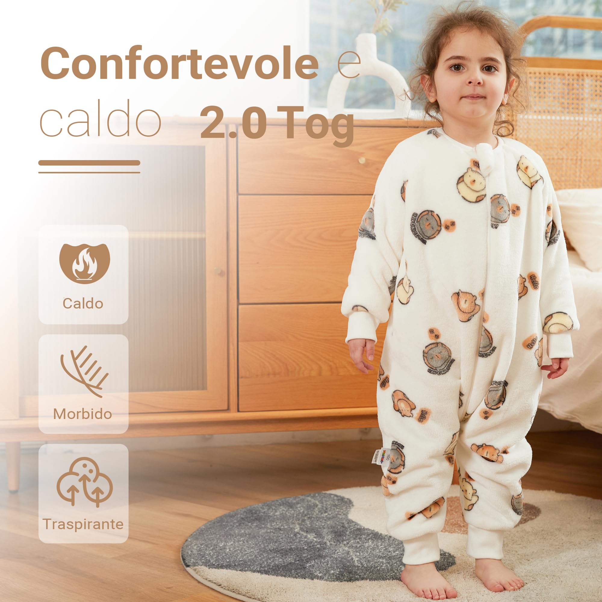 XQ&XG Sacco Nanna con piedini, Bambini Sacco Nanna con gambe 2.0 TOG, Flanella Sacco a pelo a maniche lunghe, Orso bianco, 90