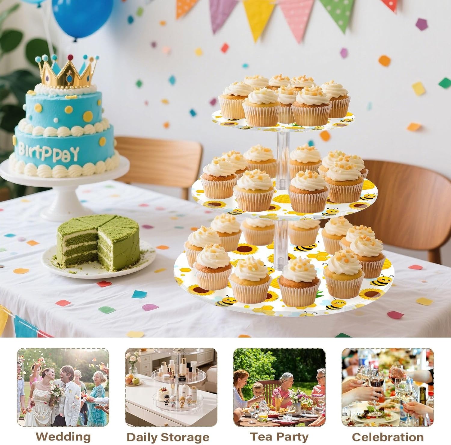 Sunflower Bee Honey 3 Tier Acrylic Cupcake Stand, Cupcake Stand for 34 Cupcakes for Weddings,Christmas,Holidays,Parties,Birthday,Printed Cupcake Tower 23300033