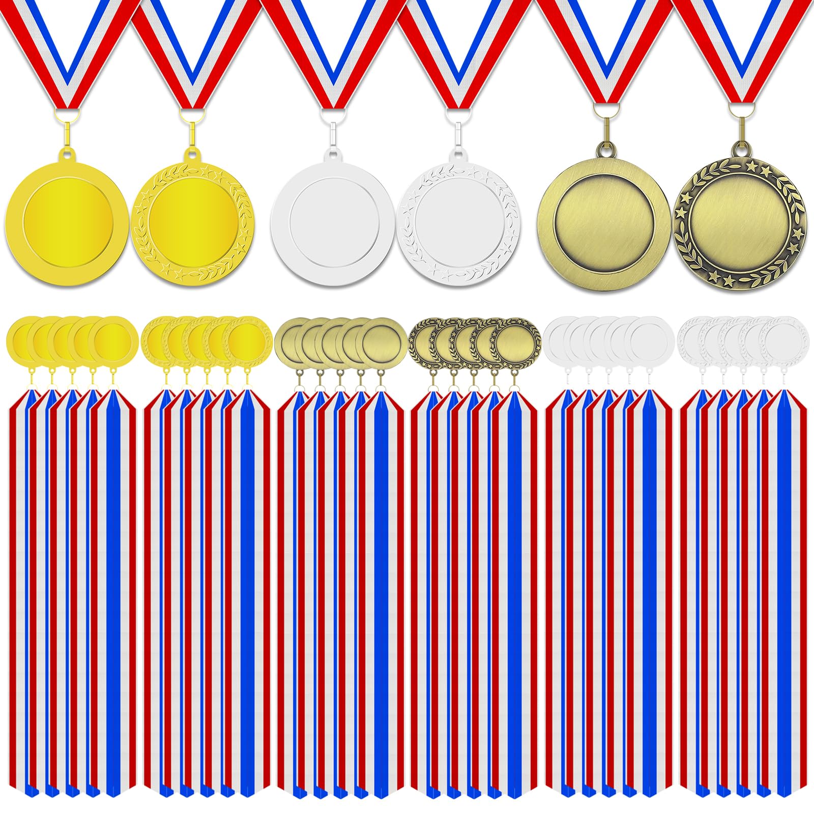 30 medaglie vuote per il 1°, 2° e 3° premio con nastri per il collo, oro argento bronzo metallo vincitore premio trofeo partecipazione per creare le proprie medaglie per competizioni giochi