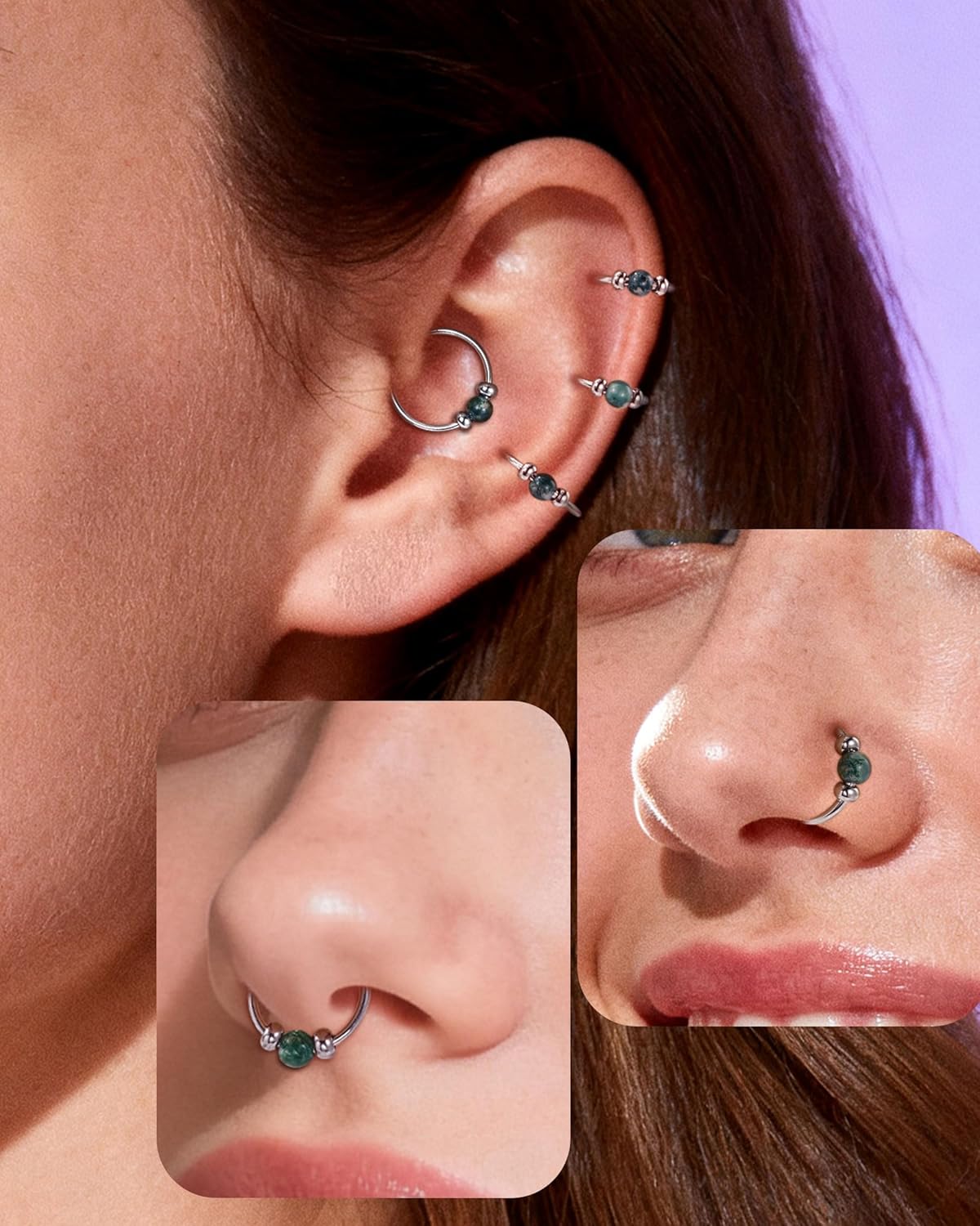 Jewseen 2PCS 316L Surgical Steel Nose Rings Hoop 18g 20g Opal Nose Rings for Women Septum Rings 8mm/10mm Nose Piercing Jewelry Cartilage Earring - Image 2