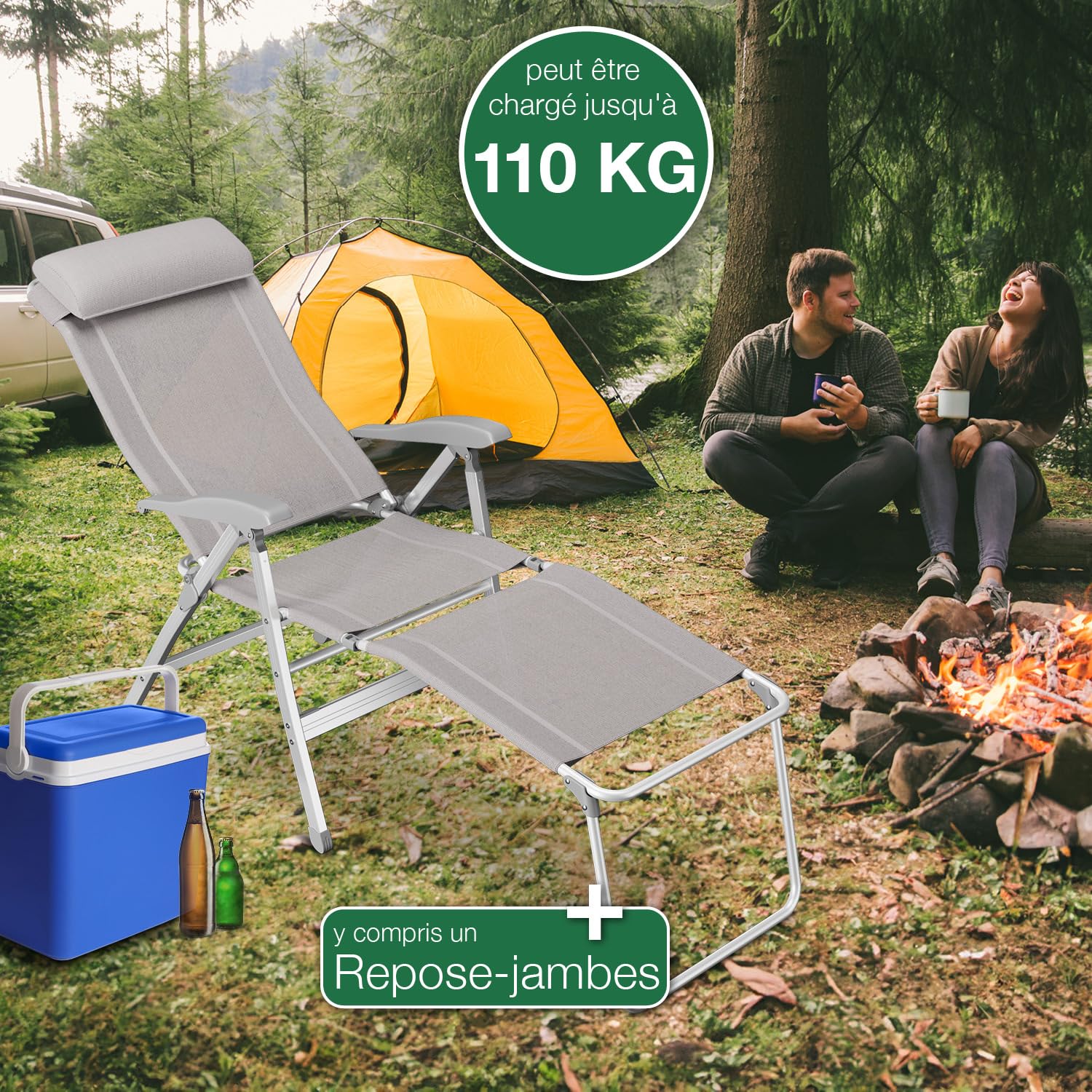 ELONEO Chaise de Camping Pliante avec Repose-Pieds Amovible - Chaise Longue Pliante Confortable en Aluminium avec Dossier Réglable pour Jardin et Balcon Taupe