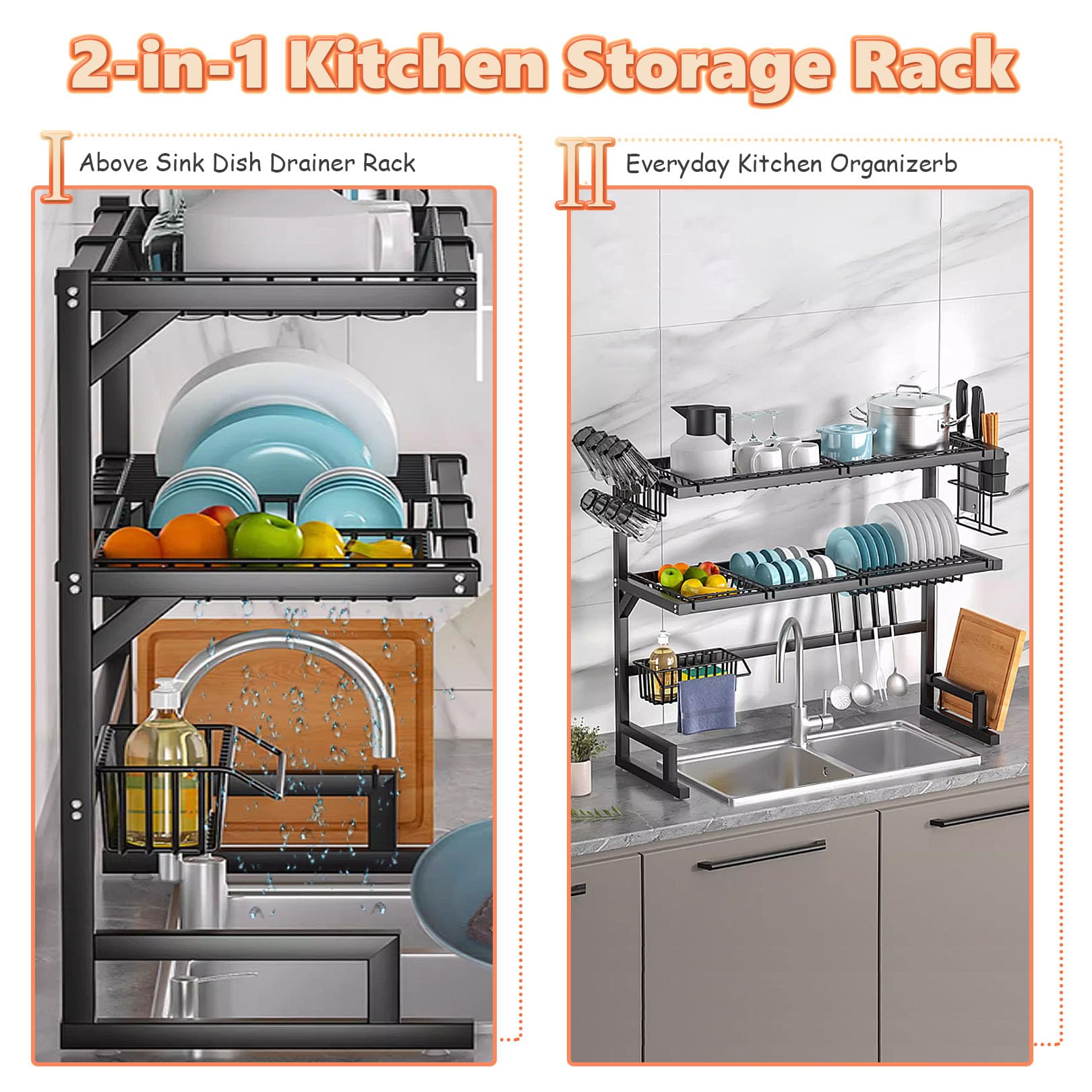 Escurridor de platos grande de 3 niveles para fregadero de cocina, acero al carbono, organizador de almacenamiento de mostrador con soporte para utensilios y cesta de herramientas de