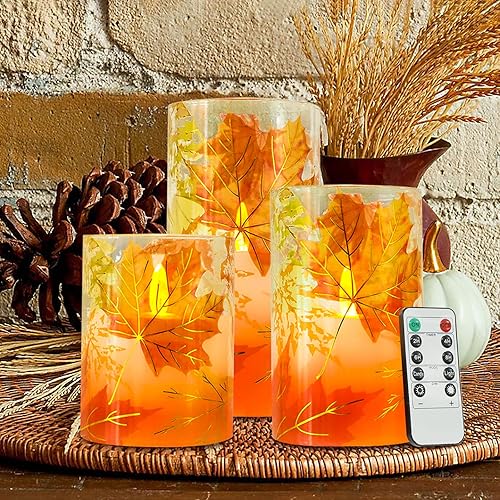 Velas sin llama de otoño, velas LED de hoja de arce otoñal con control remoto y temporizador, velas de cera real parpadeantes realistas para fiestas
