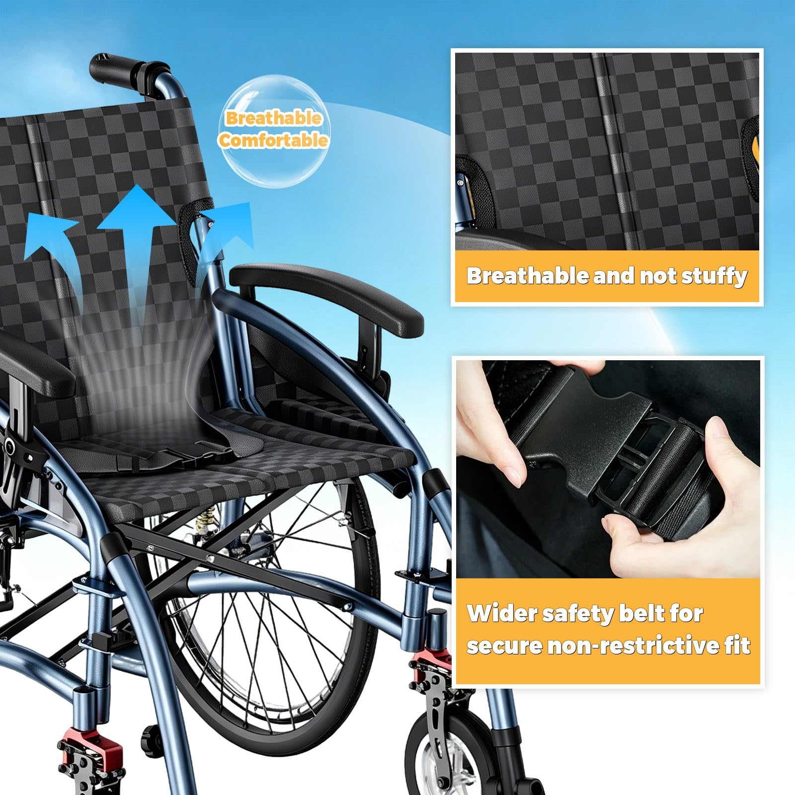 Silla de Ruedas Plegable Ligera, Doble Freno, Reposapiés Extraíbles
