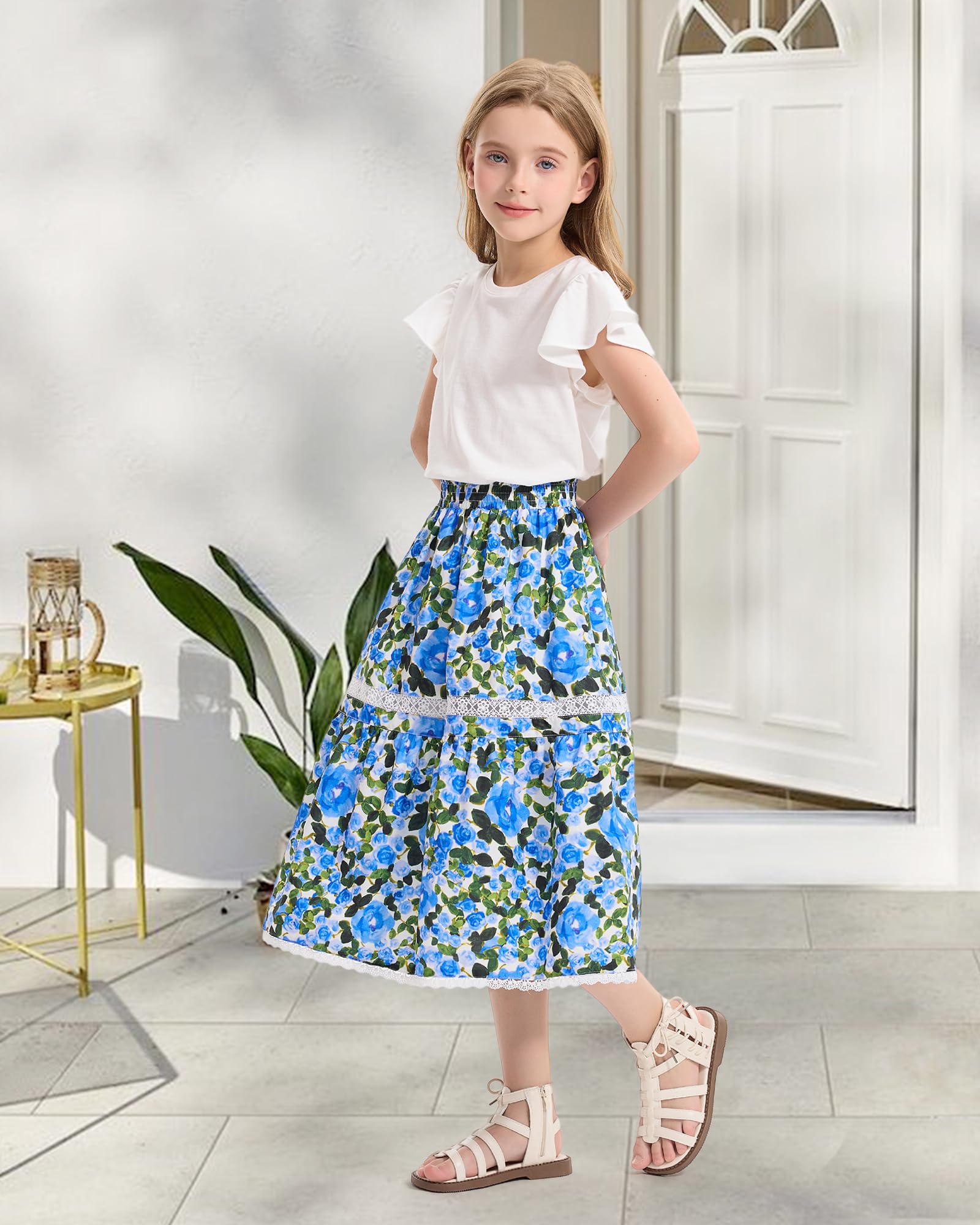 Rolanko Jupe Longue Floral pour Filles, Taille Haute Élastique Ourlet à Volants Boho Robe Longue Fluide en A