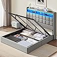 LED King Size Bed Frame with 2 Storage Drawers, Upholstered King Bed Frame with Headboard and Charging Station, No Box Spring Needed, Easy to Assembly-Light Grey