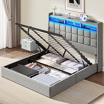 LED King Size Bed Frame with 2 Storage Drawers, Upholstered King Bed Frame with Headboard and Charging Station, No Box Spring Needed, Easy to Assembly-Light Grey