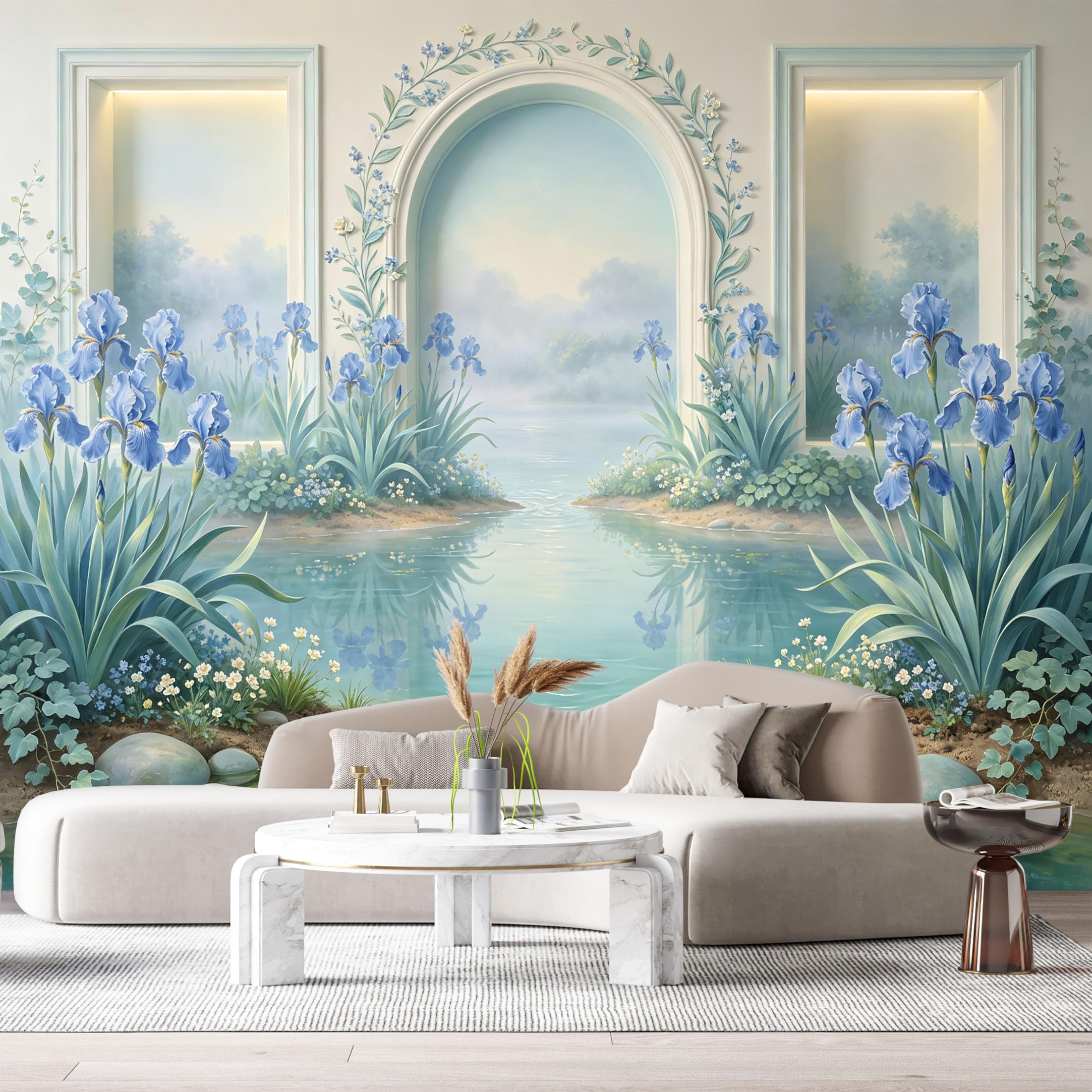 Custom Size Wall Mural Blue Iris Flower Pond Archway Landscape 3D Trompe L'Oeil SelfAdhesiveWall Fabric Removable Wallpaper Wall Decor for Living Room Bedroom Bathroom