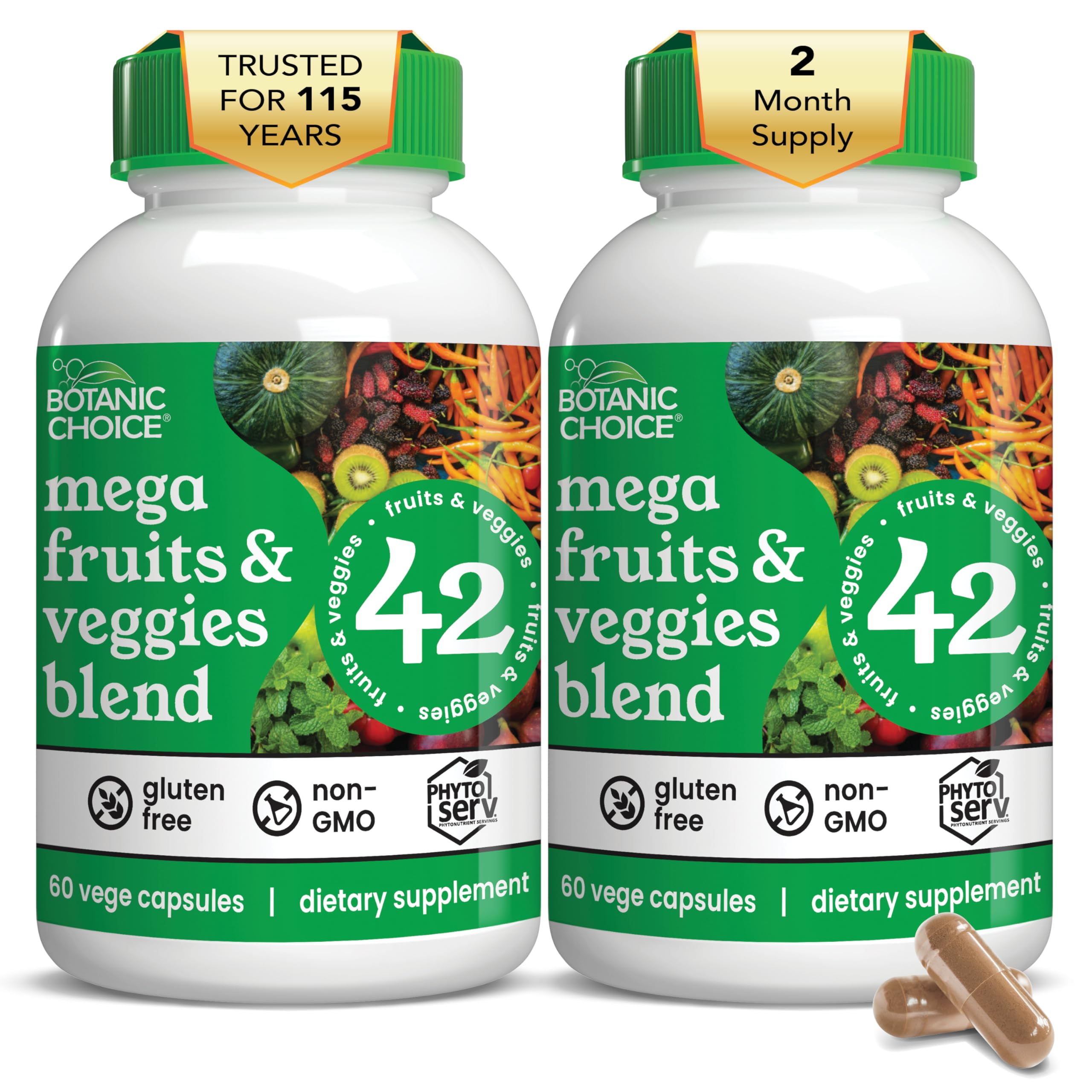 Botanic Choice Since 1910 - Mega Fruits & Veggies Blend - 42 Fruits and Vegetables - 2 Caps Daily - 60 Count Supplement - 2 Pack 1 Count (Pack of 2)