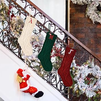 Personalized Christmas Stockings with Initials, 18 Inches Large Embroidered Monogrammed Cable Knit Christmas Stocking for Family, Xmas Holiday Party Gifts & Decoration for Fireplace(Green,Letter K)