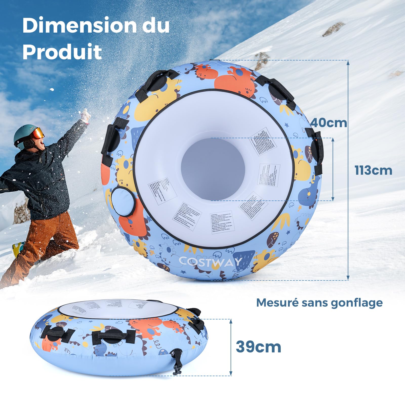 COSTWAY Luge Bouée Gonflable, Traîneau à Neige Robuste en Housse Oxford avec Poignées Robustes Gonfleur Manuel, Jouets Amusants d'hiver pour Enfants Adultes (Dinosaure)