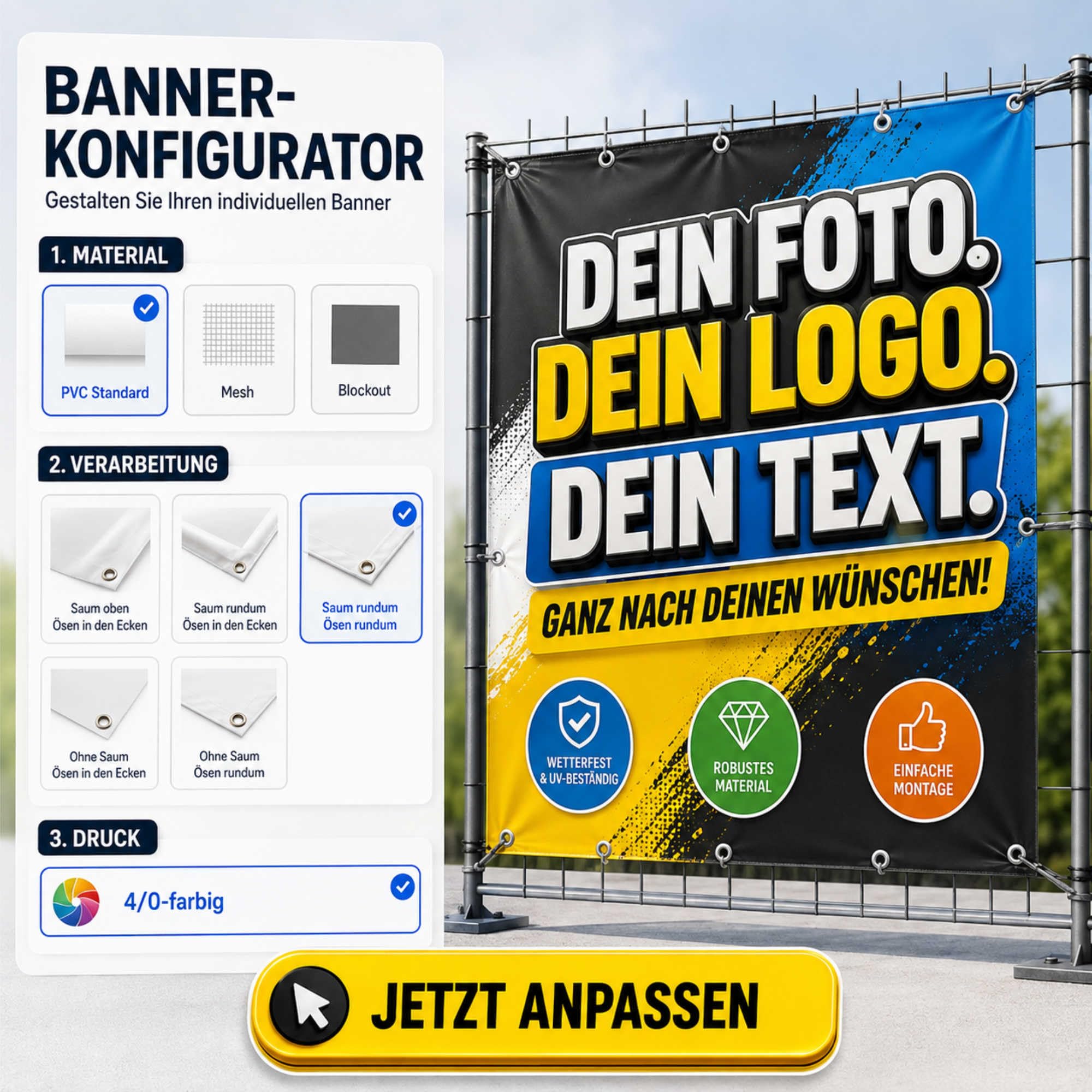 Banner selbst gestalten mit Foto, Wunschtext oder Bild - 100x100 cm - Plane personalisiert mit Saum & Ösen