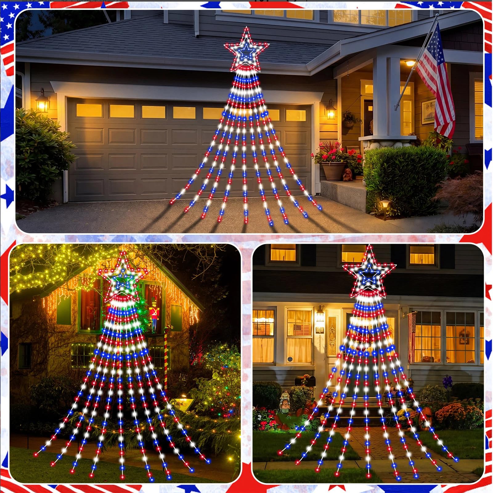 Huquary Guirnalda de luces de cascada de estrella del 4 de julio de 12 pies, decoración del Día de la Independencia, rojo, blanco, azul, para exteriores, con 8 modos iluminados para fiesta patriótica