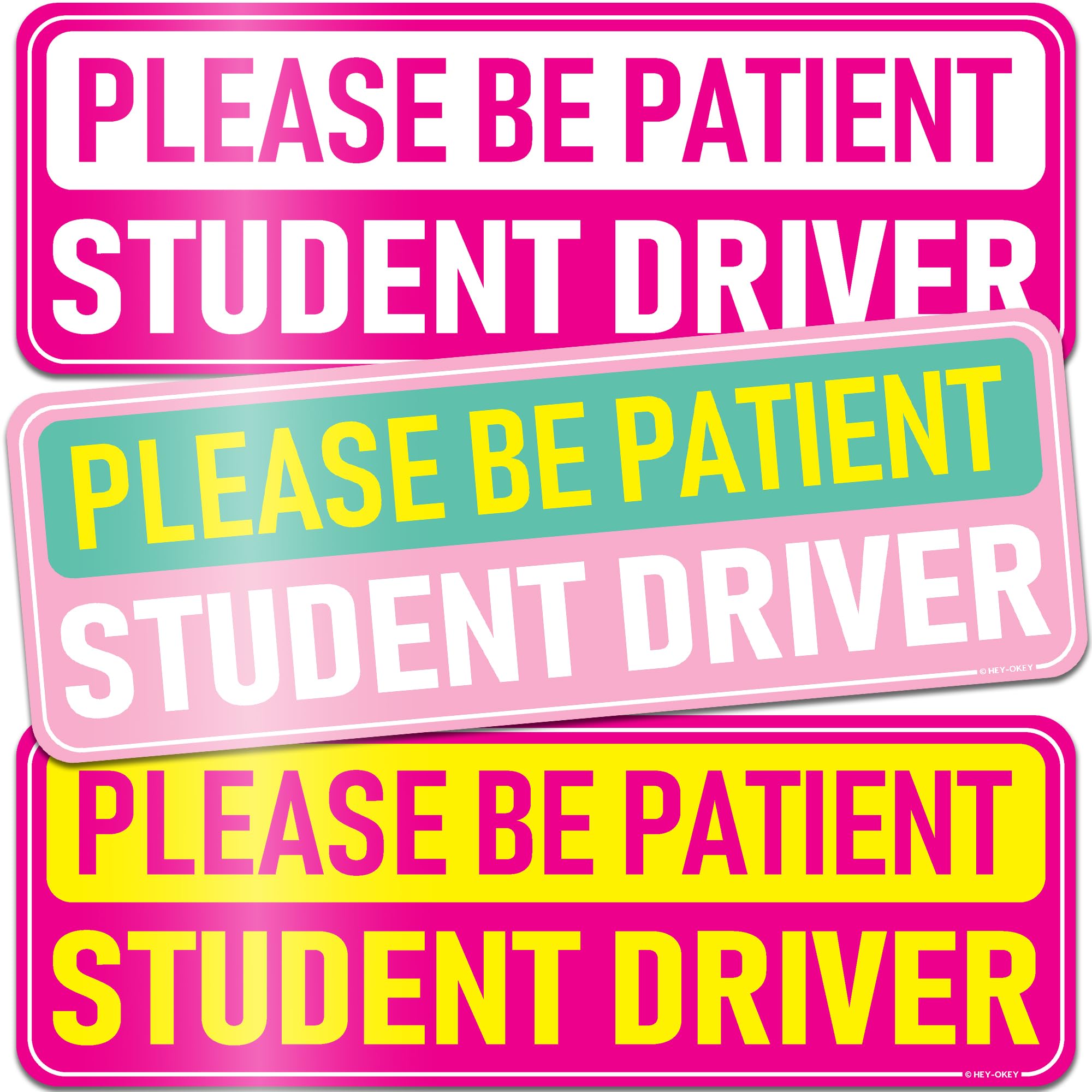 3-Pack HEY-OKEY Student Driver Magnet for Car – Metal Only (Not for Plastic/Aluminum) – Funny Pink Please Be Patient Reflective Magnetic Bumper