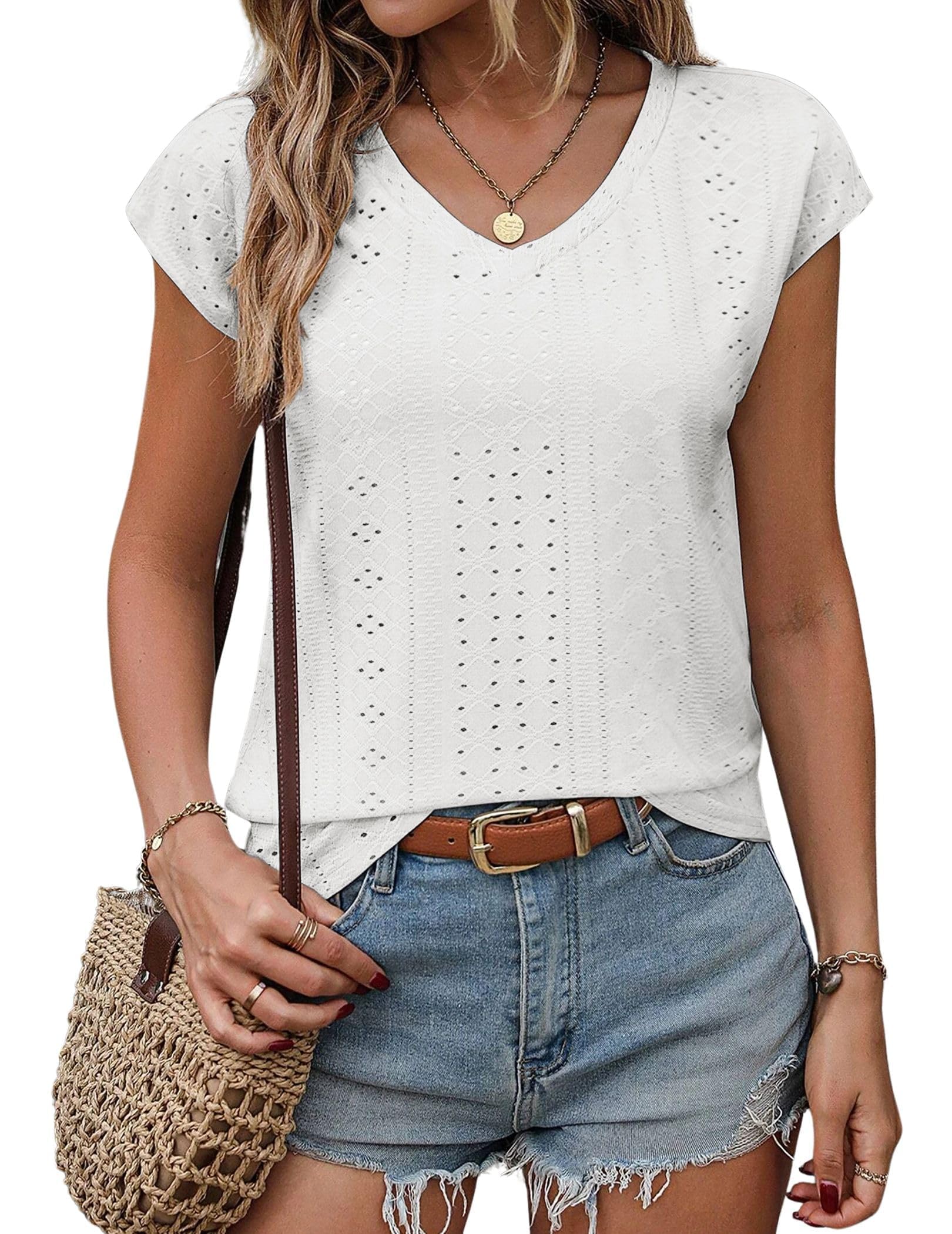 Zeagoo Mujeres Verano T-Shirt Manga Corta con Cuello En V Camiseta Cómoda Suelta Elegante para Mujer Blusa Sólidos Casual De Mujer