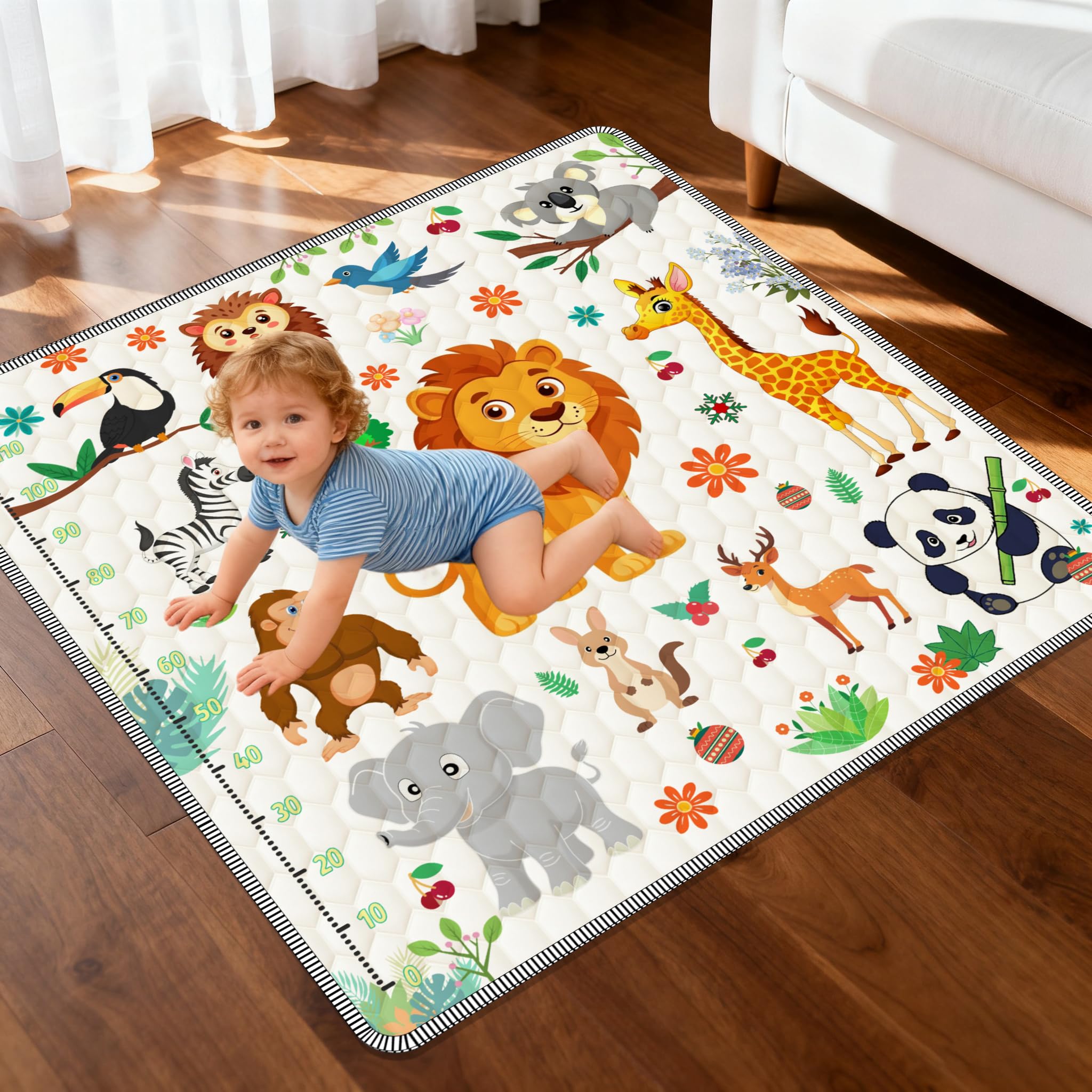 AMZDER Krabbelteppich für Baby 127x127cm, rutschfeste Spielmatte Schadstofffrei, Baumwolle Tier Krabbelmatte Baby Faltbar mit Einem Höhenlineal, Kinder Spielmatte für Innen/Außen/Zaun