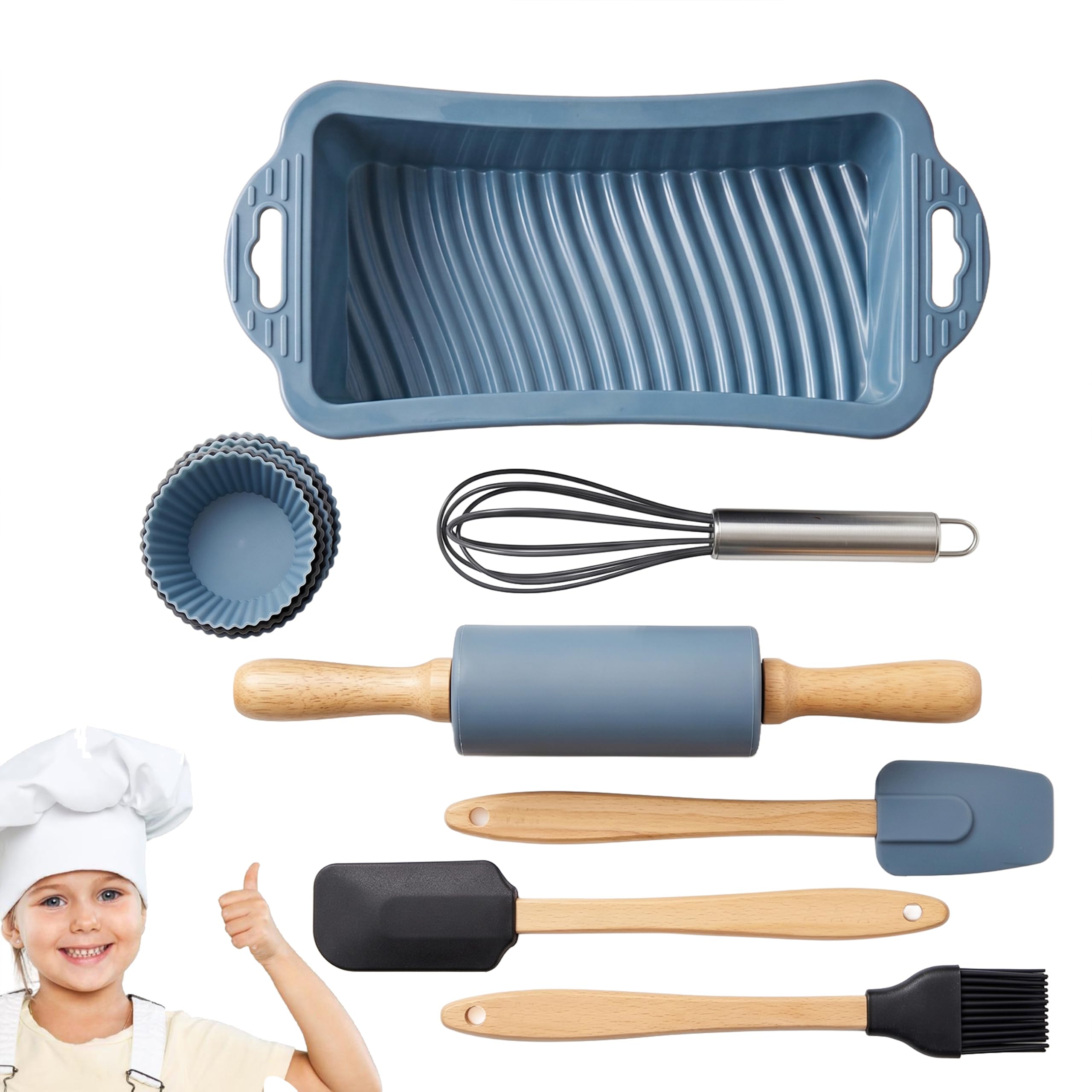 Silikon Backset für Kinder inkl Backform, Teigroller, Spatel, Pinsel, Schneebesen